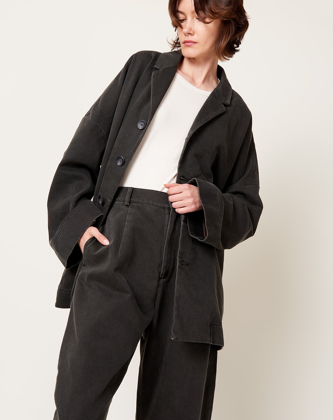 7115 by Szeki Sand-Washed Blazer Coat in Washed Black