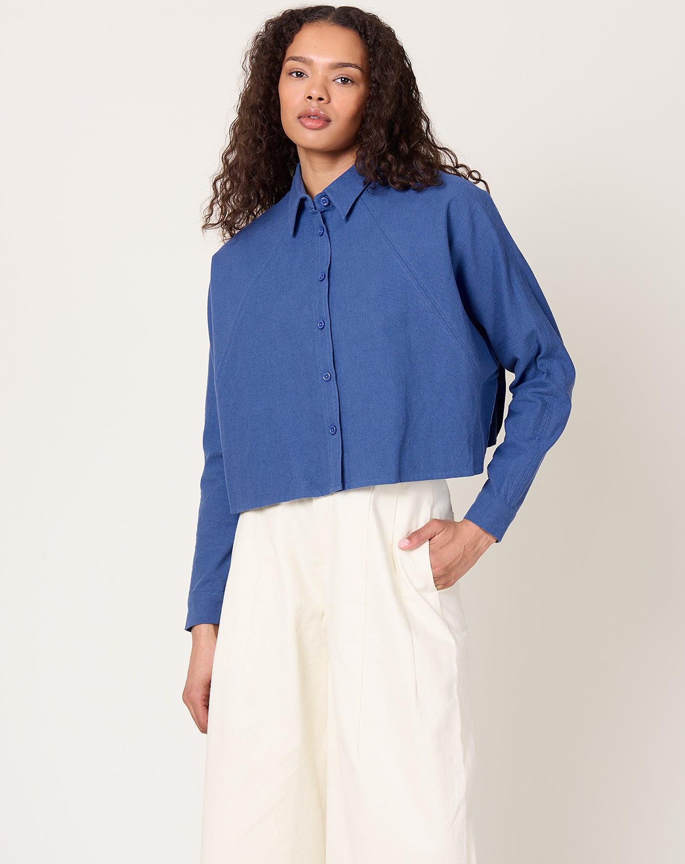 7115 by Szeki 3/4 Cropped Shirt Jacket in French Blue