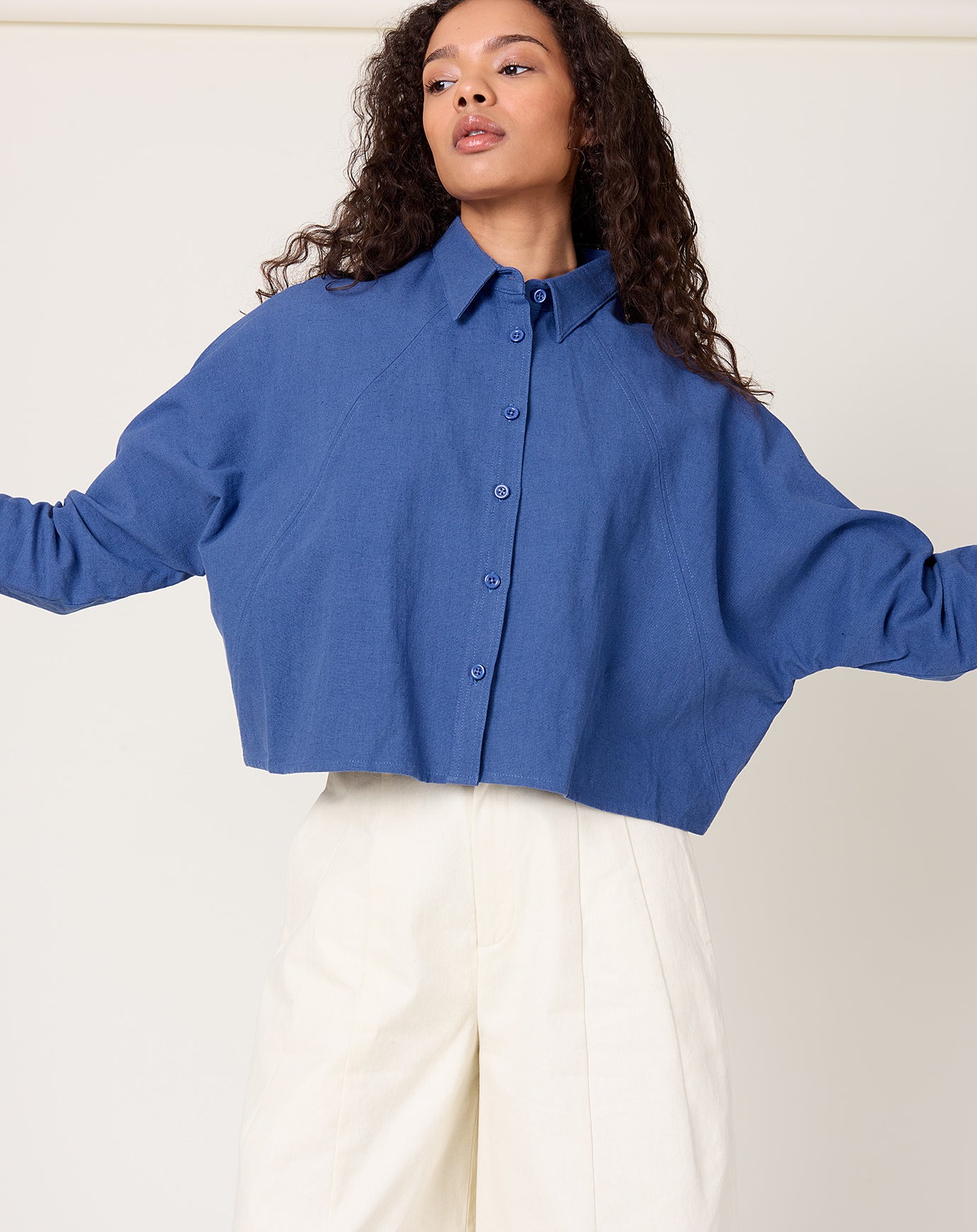 7115 by Szeki 3/4 Cropped Shirt Jacket in French Blue