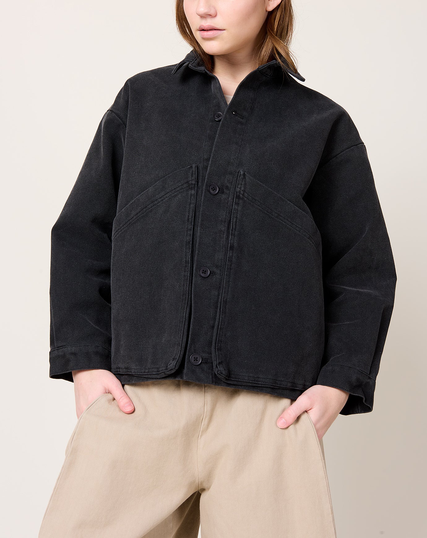 7115 by Szeki Panel Pockets Shirt Jacket in Washed Black