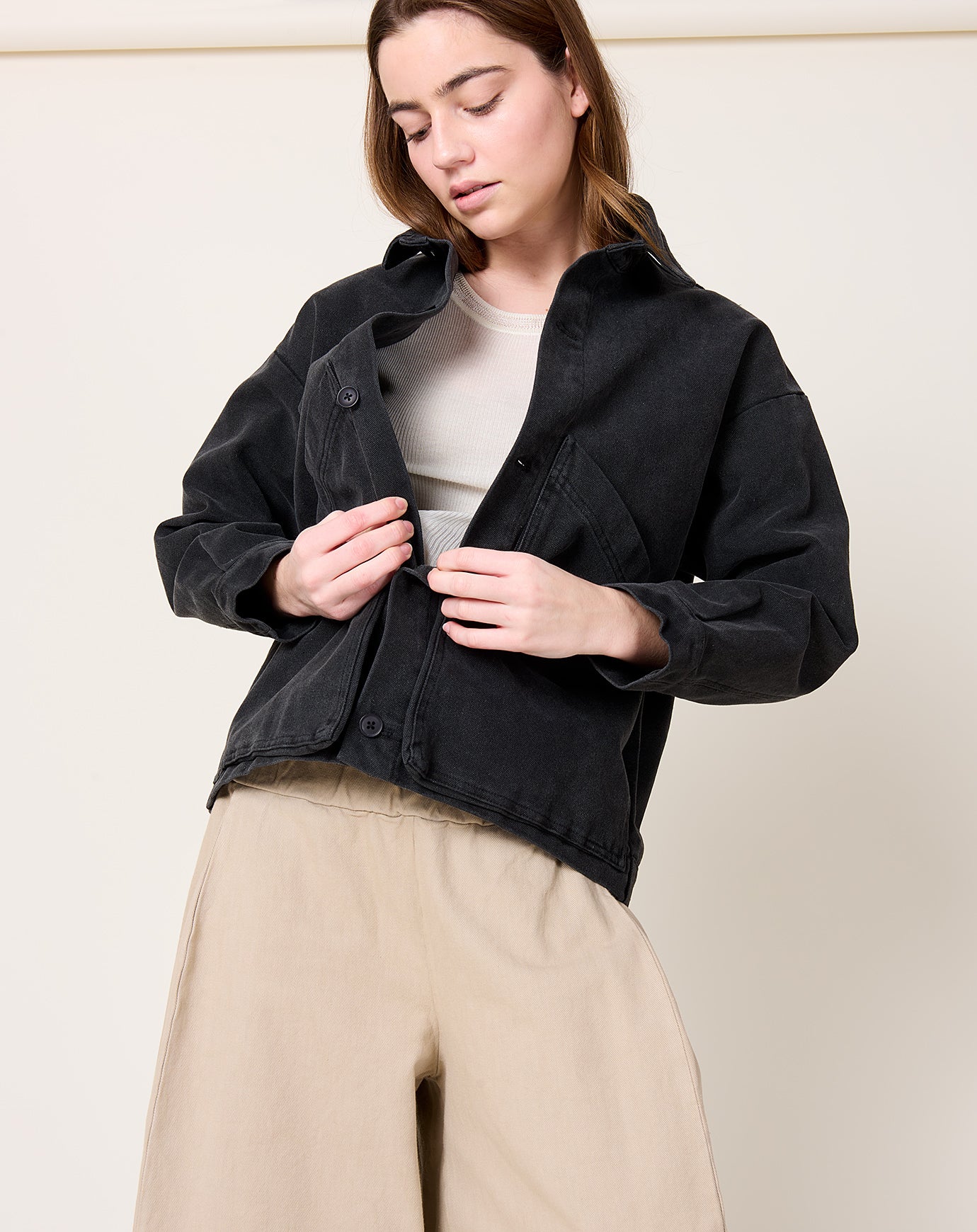 7115 by Szeki Panel Pockets Shirt Jacket in Washed Black