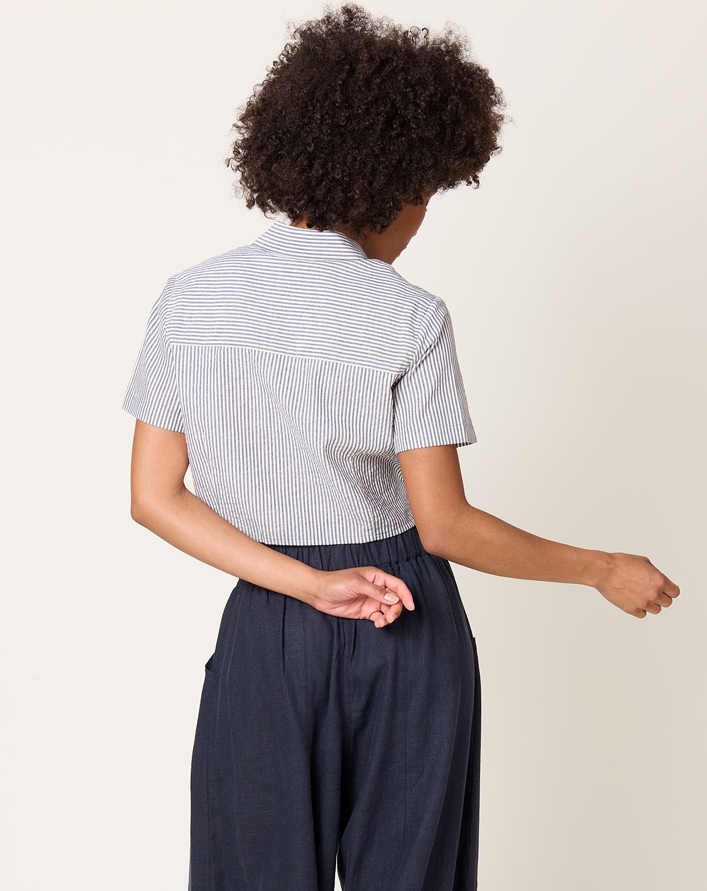 7115 by Szeki Striped Cropped Shirt in Navy