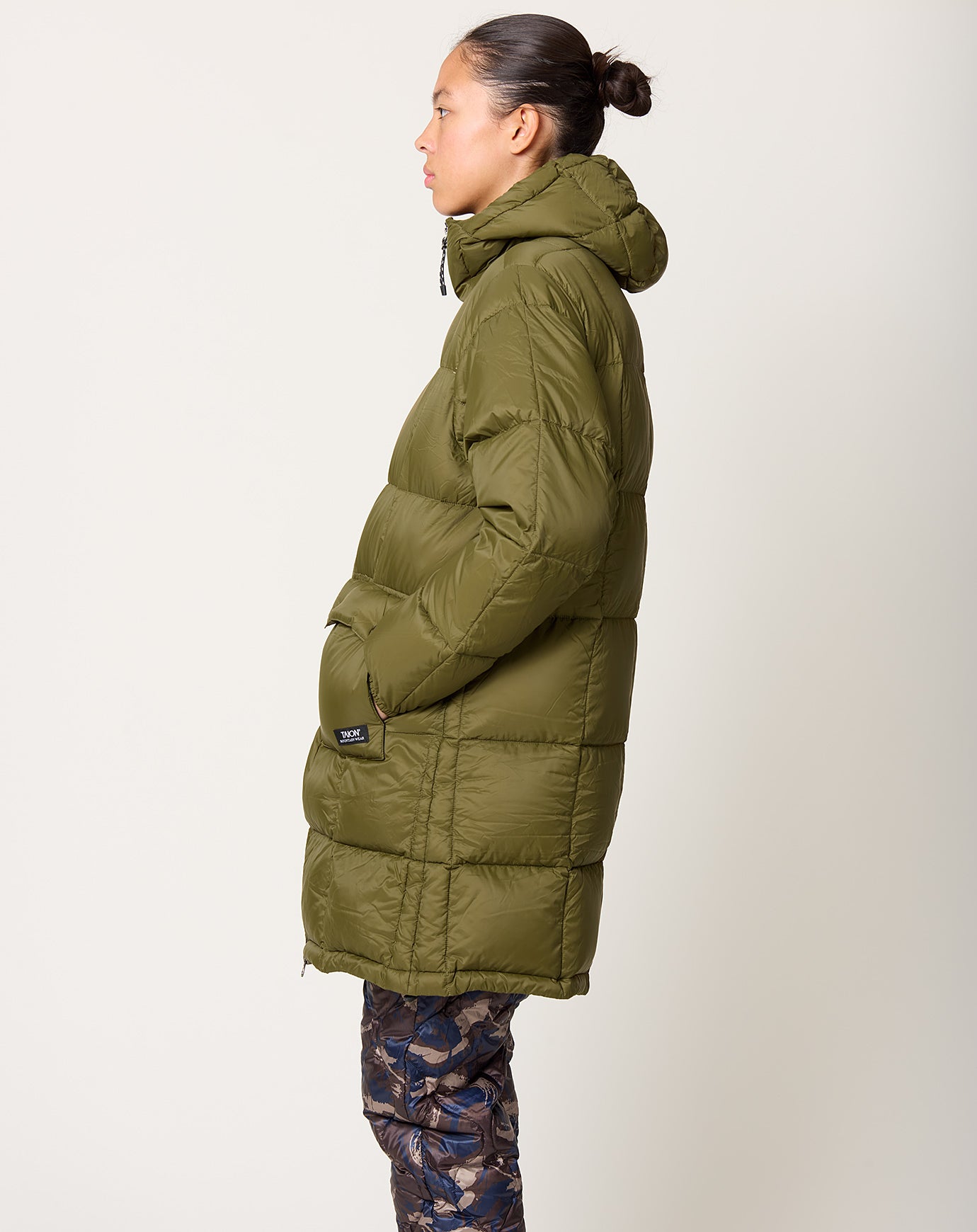 Taion Volume Hooded Down Coat in Olive