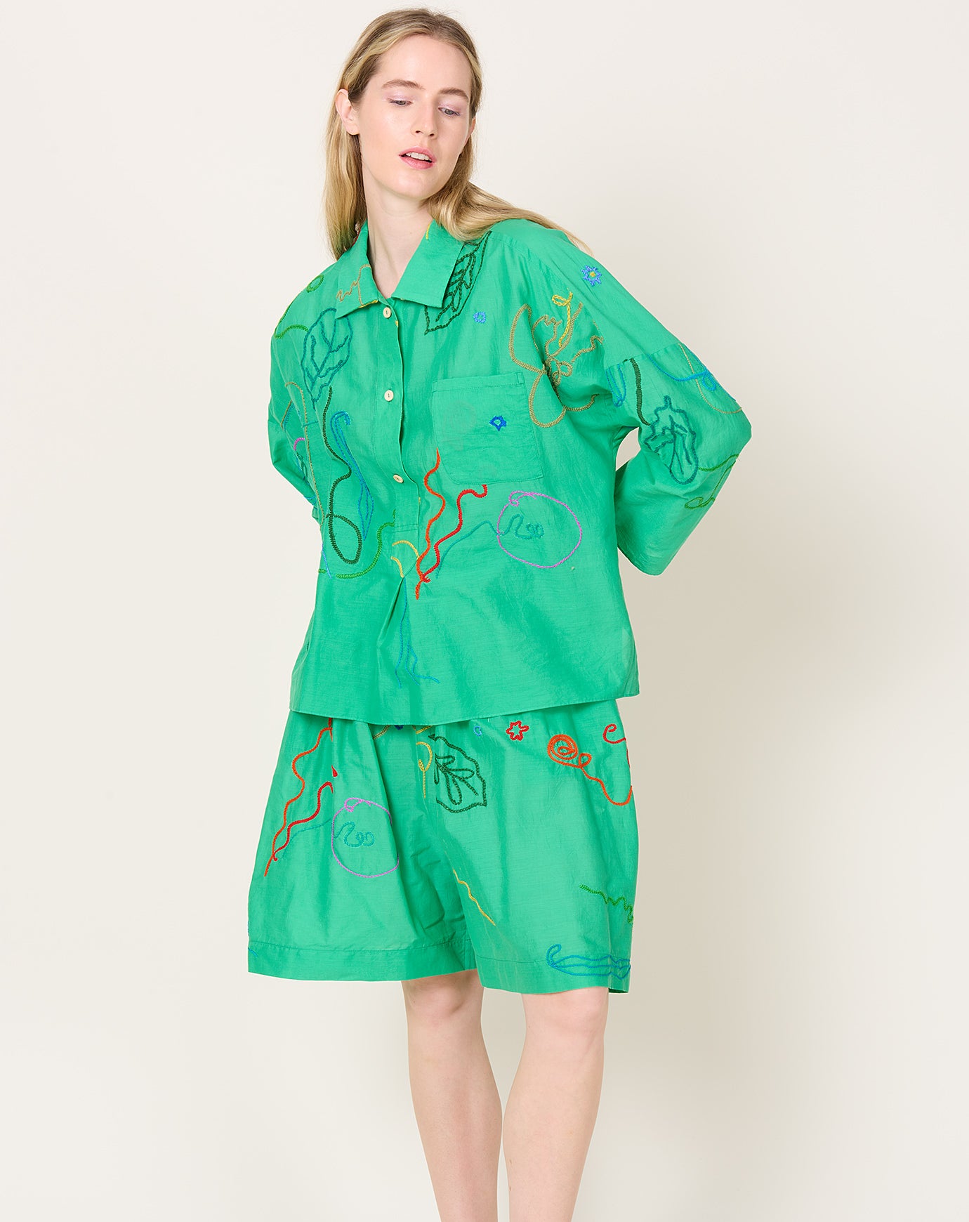 Anntian Hand Embroidered Shirt in Green