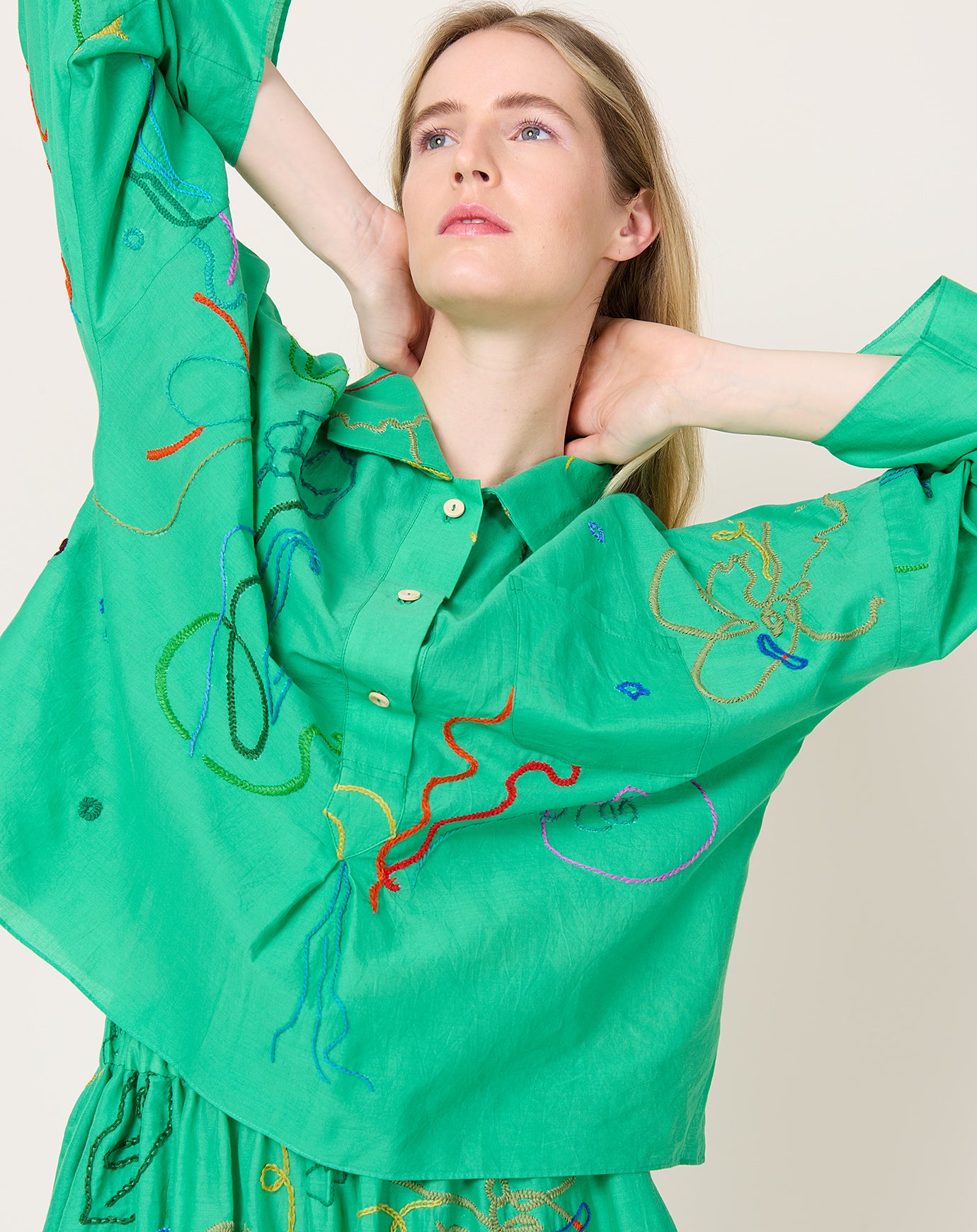Anntian Hand Embroidered Shirt in Green