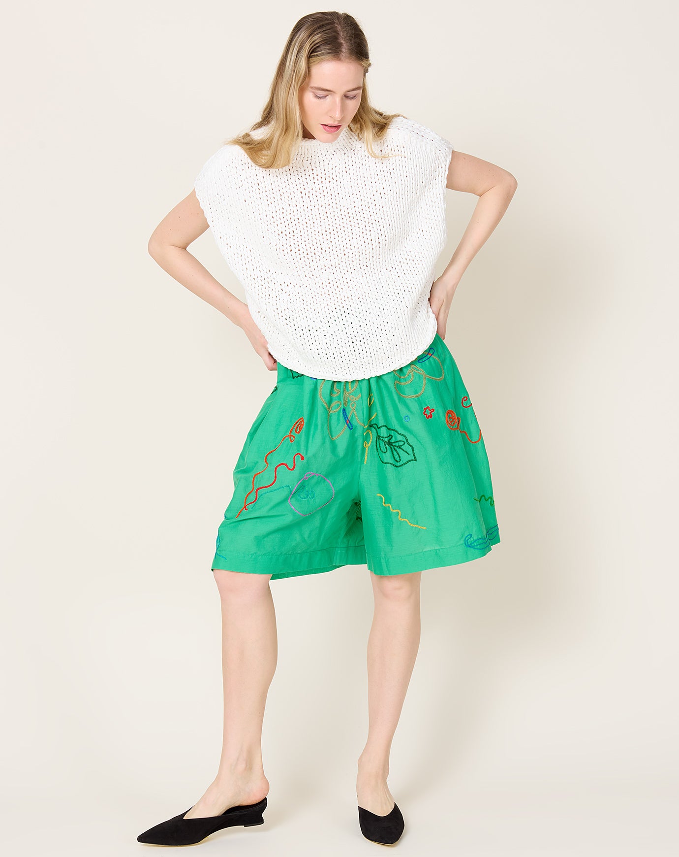 Anntian Hand Embroidered Shorts in Green