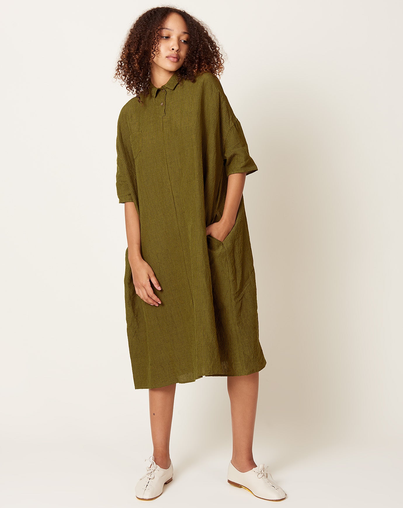 apuntob Micro Vichy Linen Dress in Grass Green & Military Green
