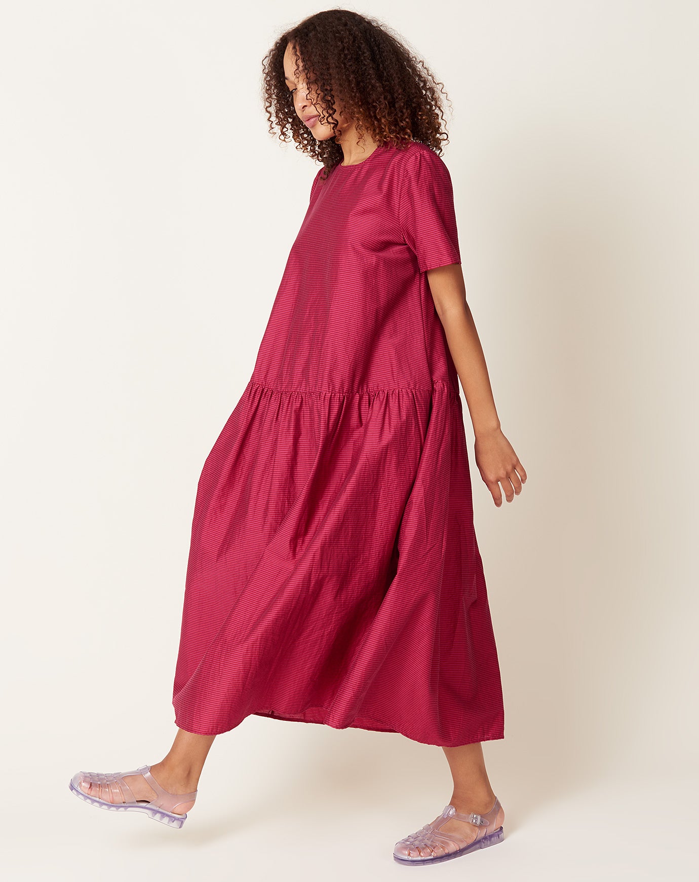 apuntob Cotton Silk Striped Dress in Raspberry & Tomato