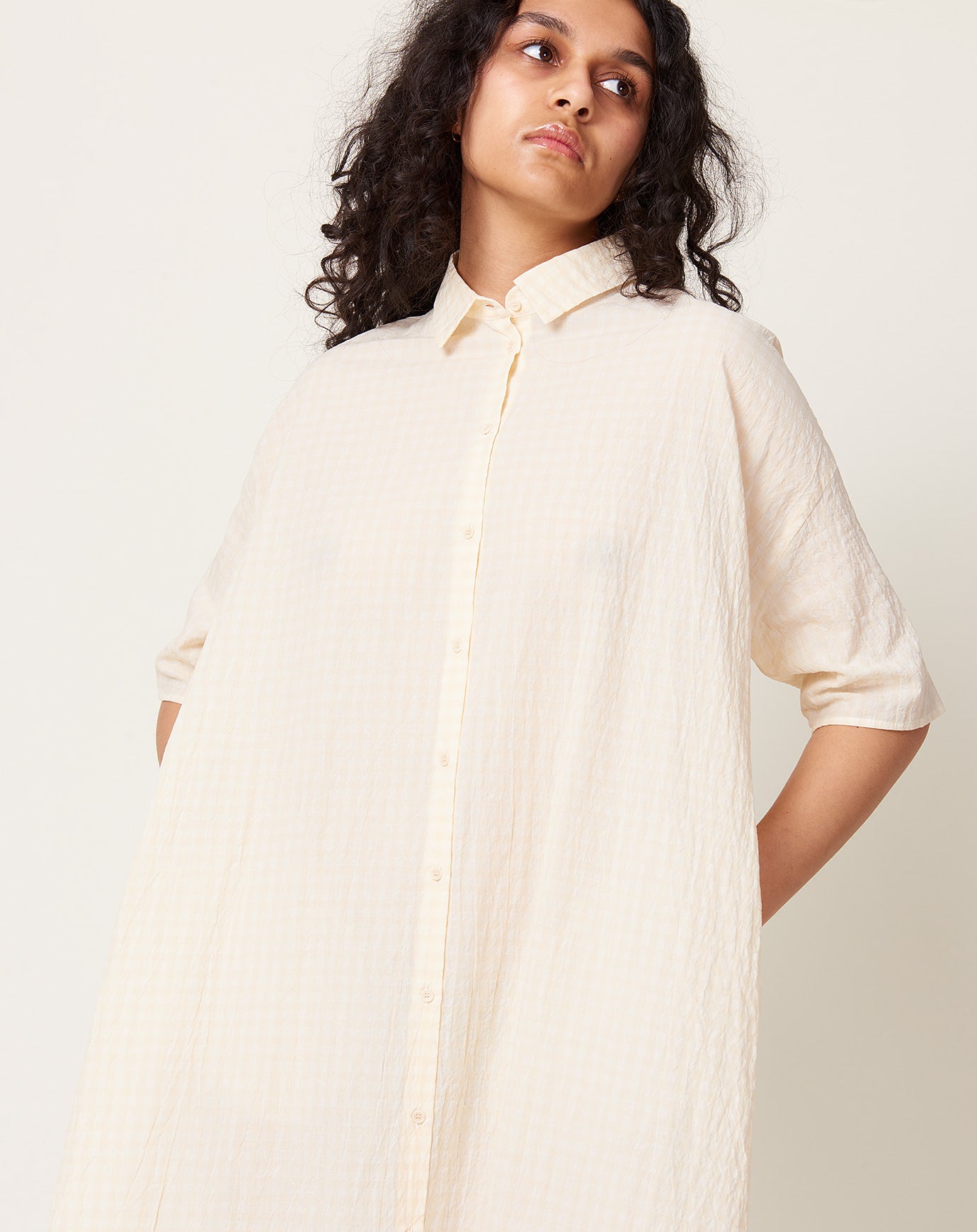 apuntob Mini Collar Shirt Dress in Natural Vichy Light Cotton