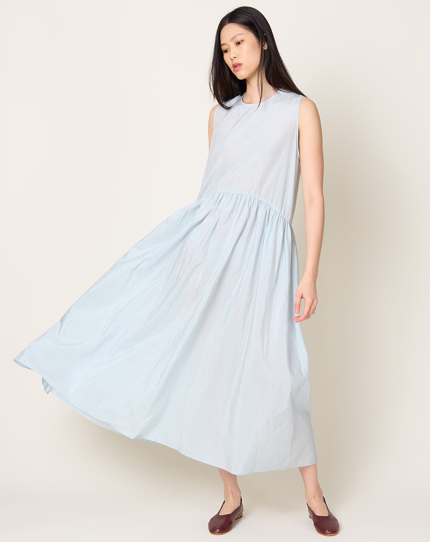 apuntob Cotton Silk Gather Dress in Sky Pinstripe