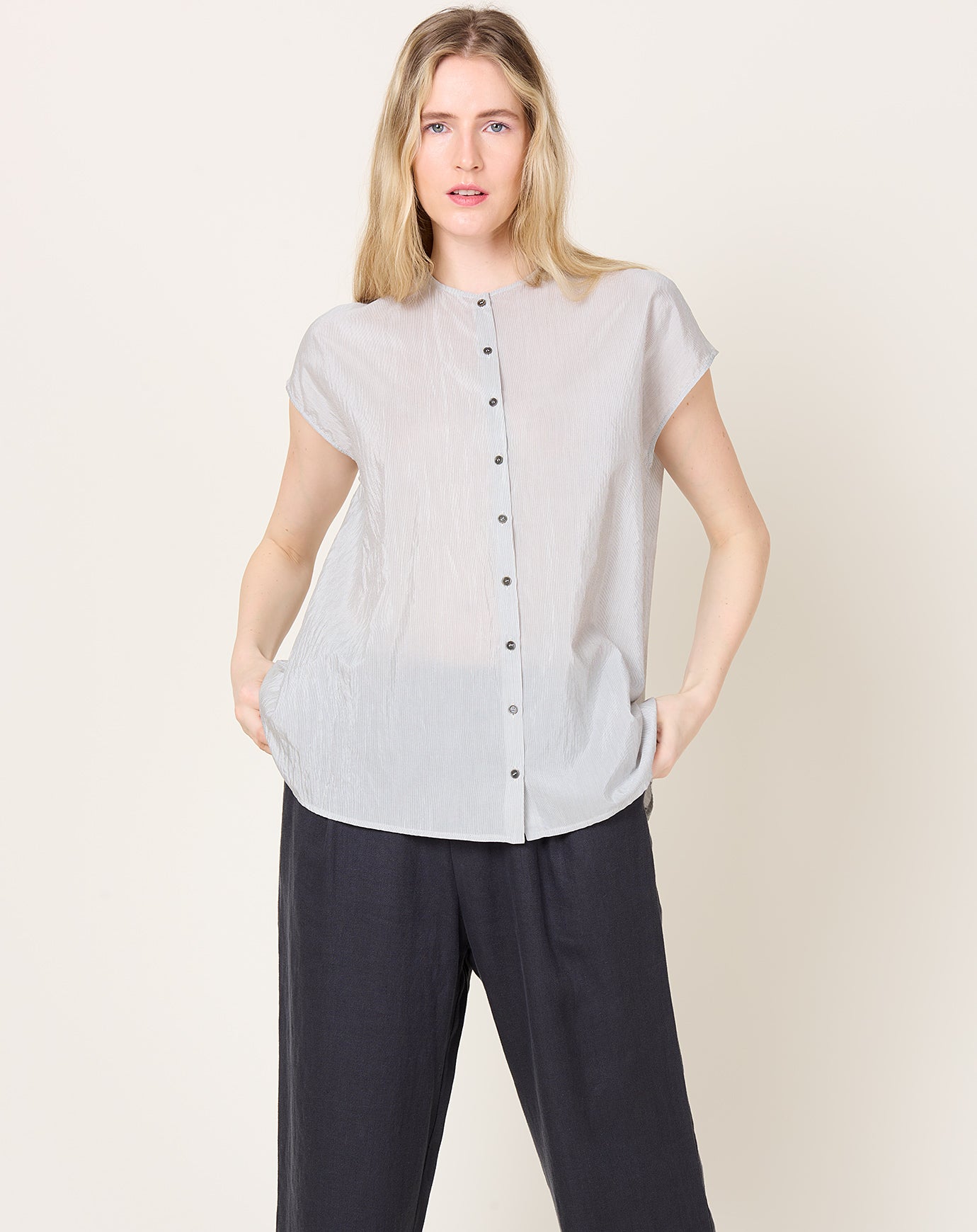 apuntob Cotton Silk Pinstripe Collarless Shirt in Cement