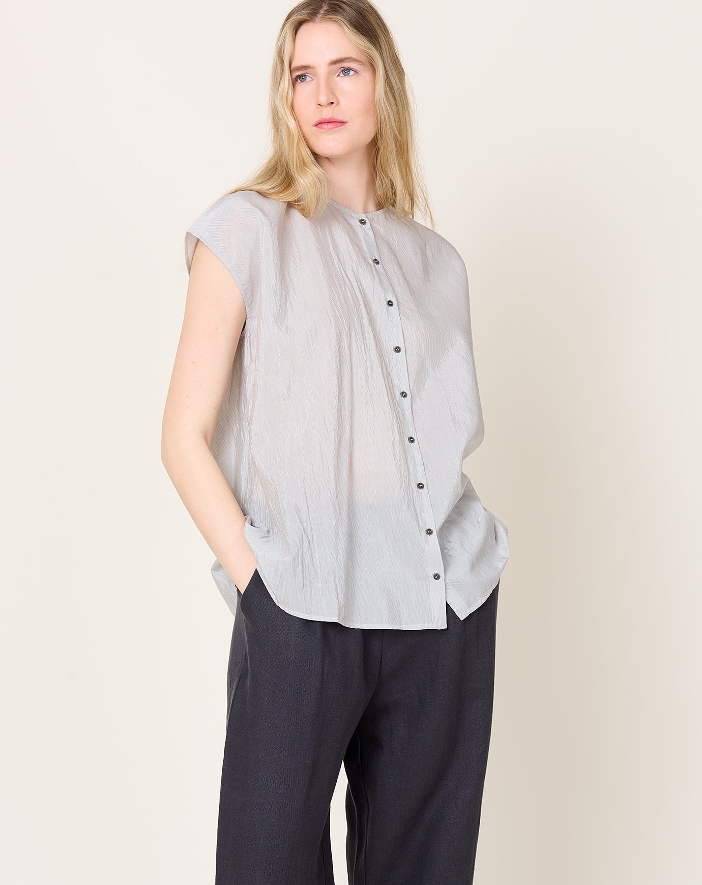 apuntob Cotton Silk Pinstripe Collarless Shirt in Cement