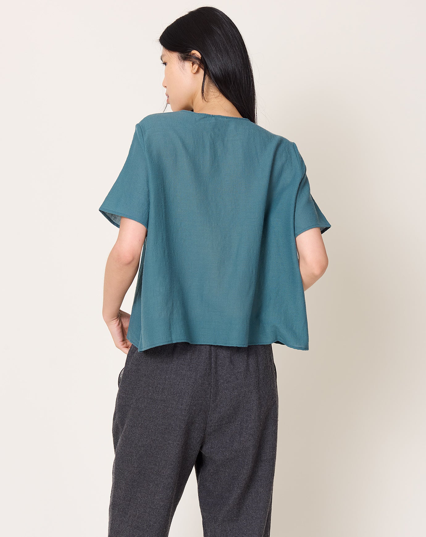 apuntob Wool Gauze Tie Blouse in Dark Turquoise