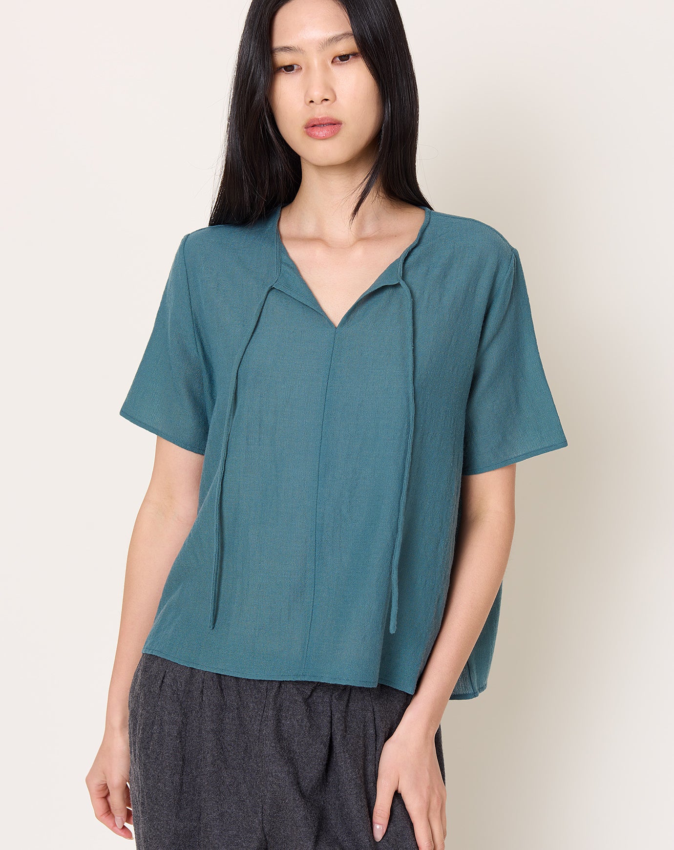 apuntob Wool Gauze Tie Blouse in Dark Turquoise