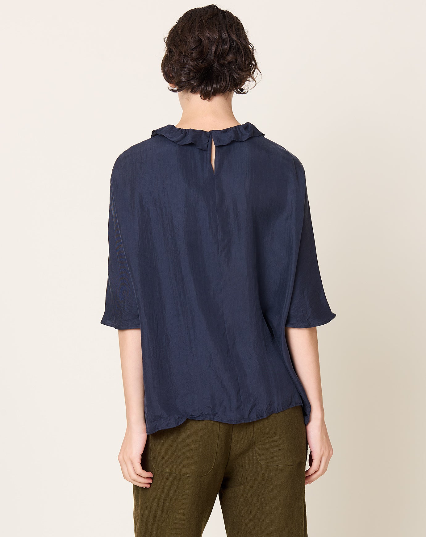 apuntob Ruffle Neck Silk Top in Blue