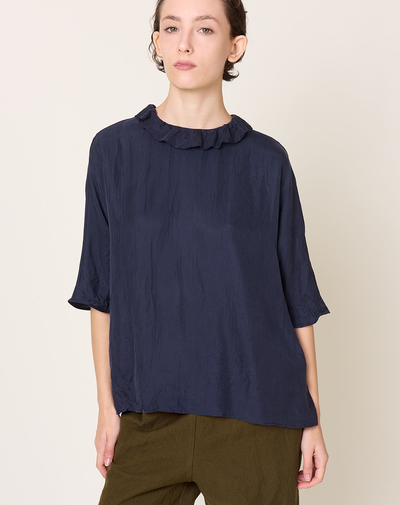 apuntob Ruffle Neck Silk Top in Blue