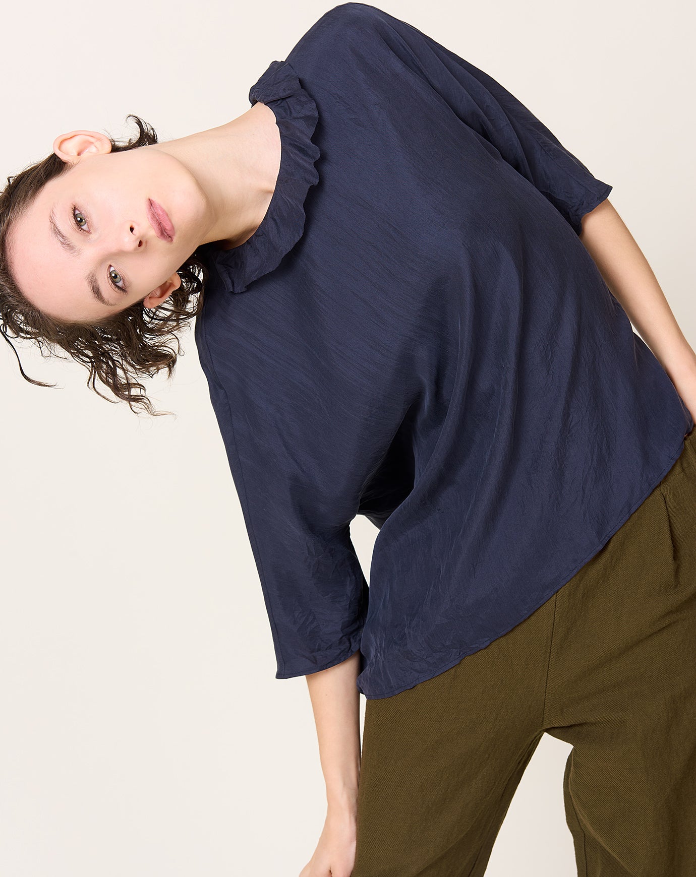 apuntob Ruffle Neck Silk Top in Blue