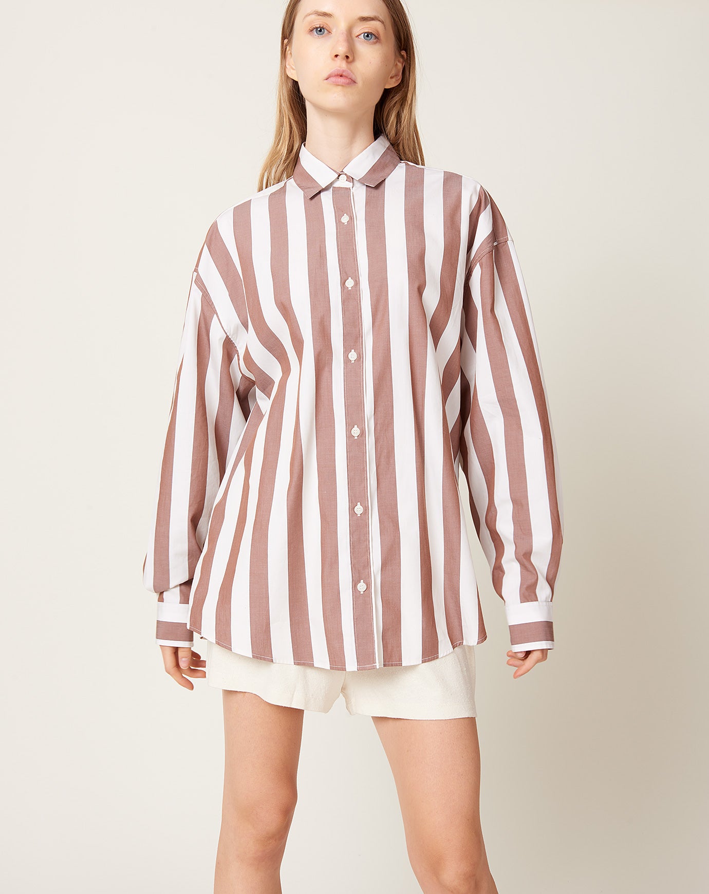 Baserange Loose Ole Shirt in Brown & White Stripe