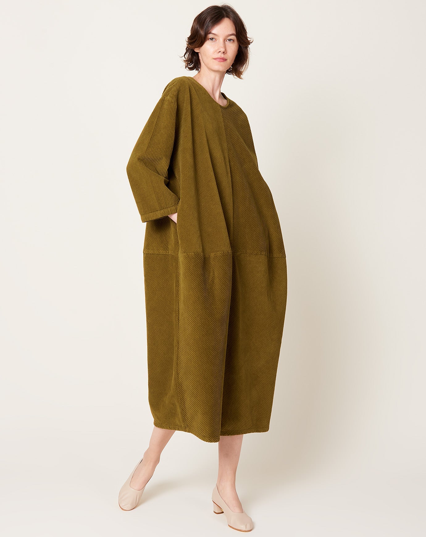 Black Crane Corduroy Radiant Dress in Dark Olive