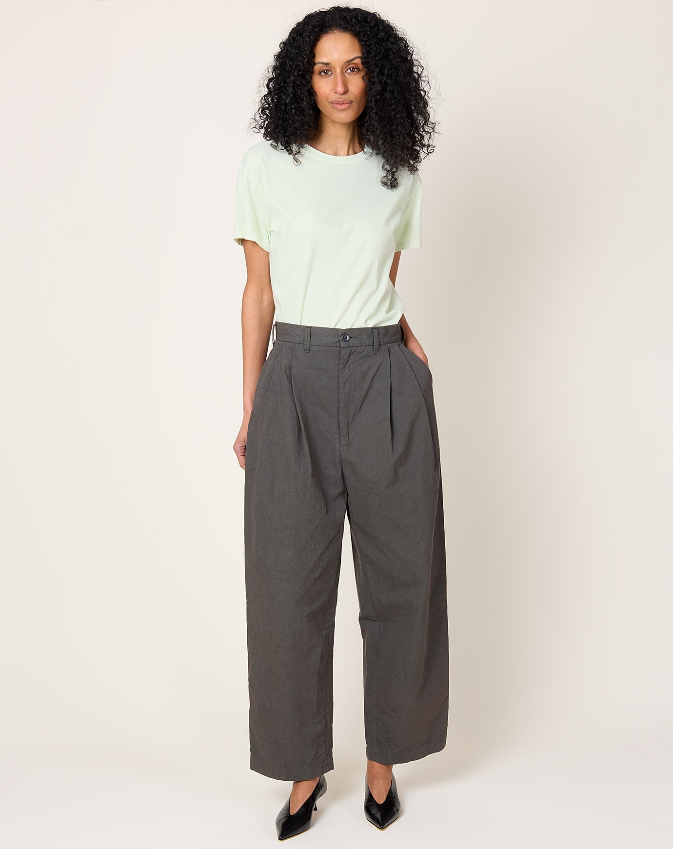 Black Crane Crinkled Wide Trousers in Dark Grey