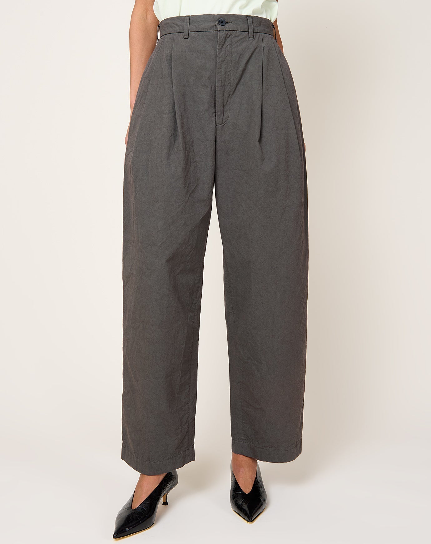 Black Crane Crinkled Wide Trousers in Dark Grey