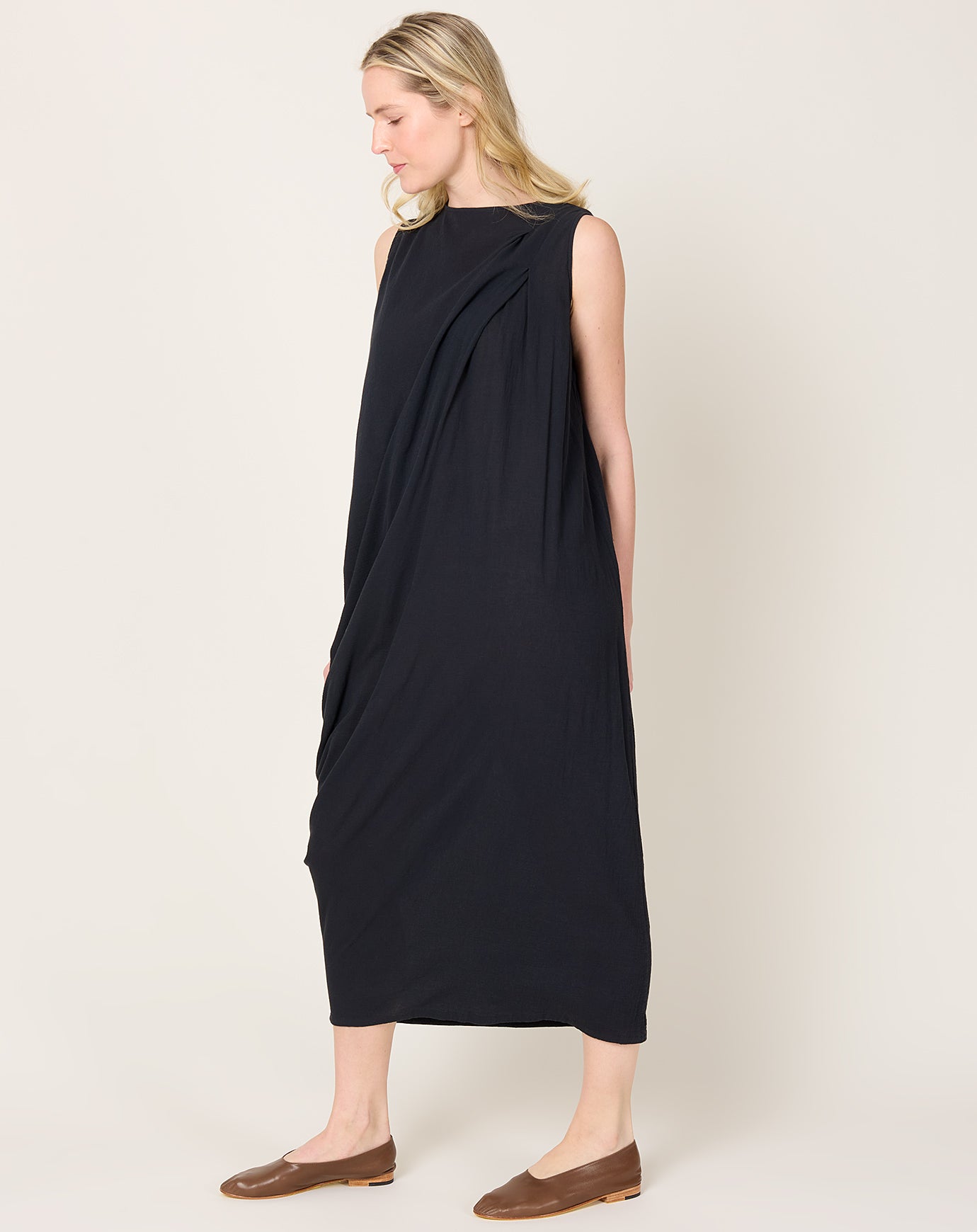 Black Crane Greek Column Dress in Sumi Black
