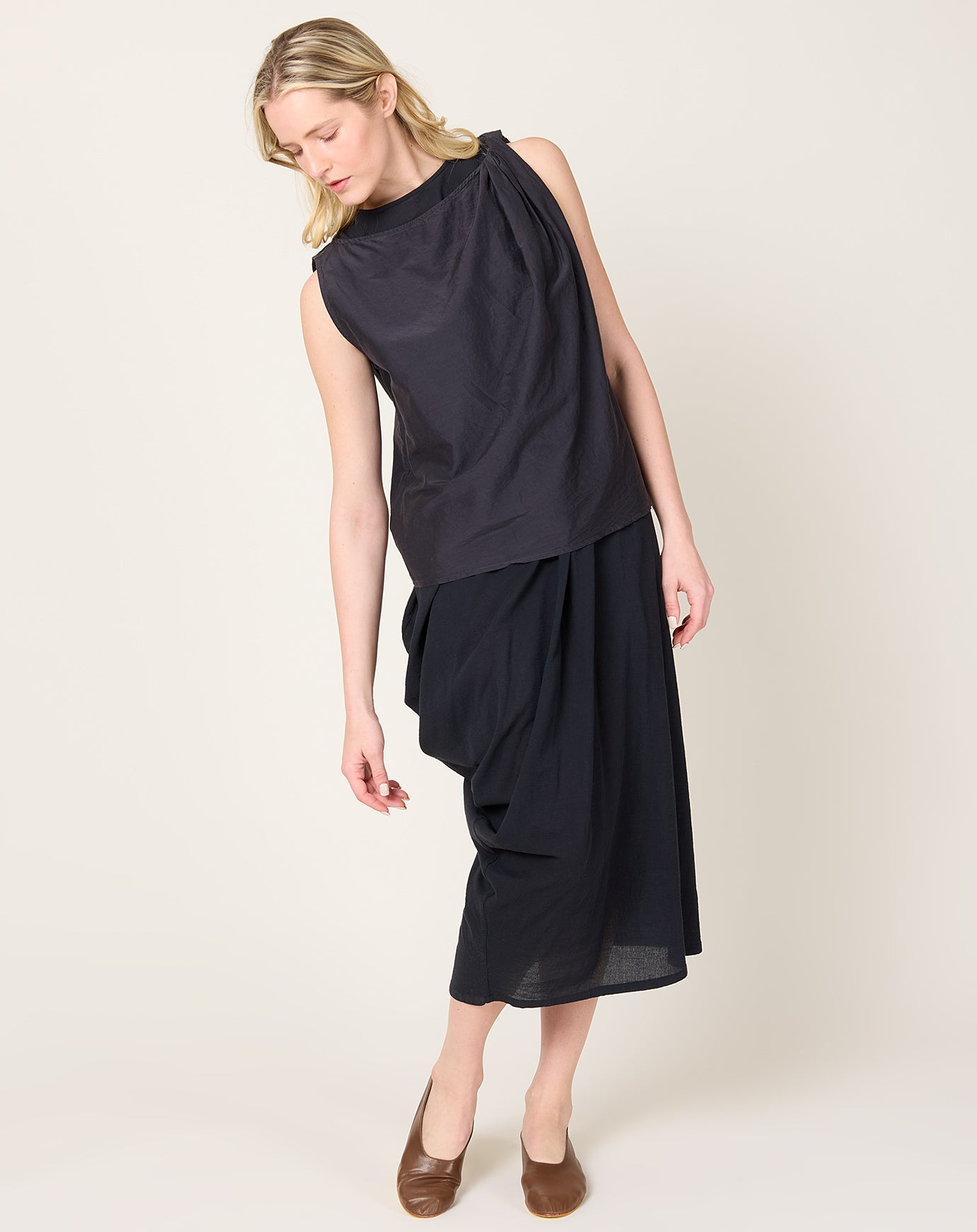 Black Crane Greek Column Dress in Sumi Black