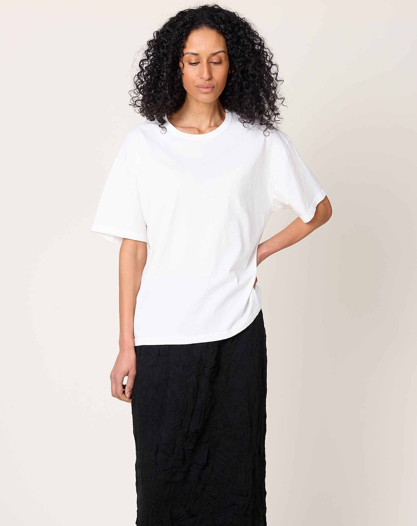 Black Crane Loose Short Sleeve Tee in White