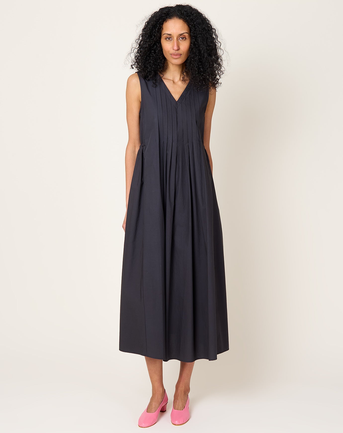 Black Crane Pleated V Neck Dress in Black