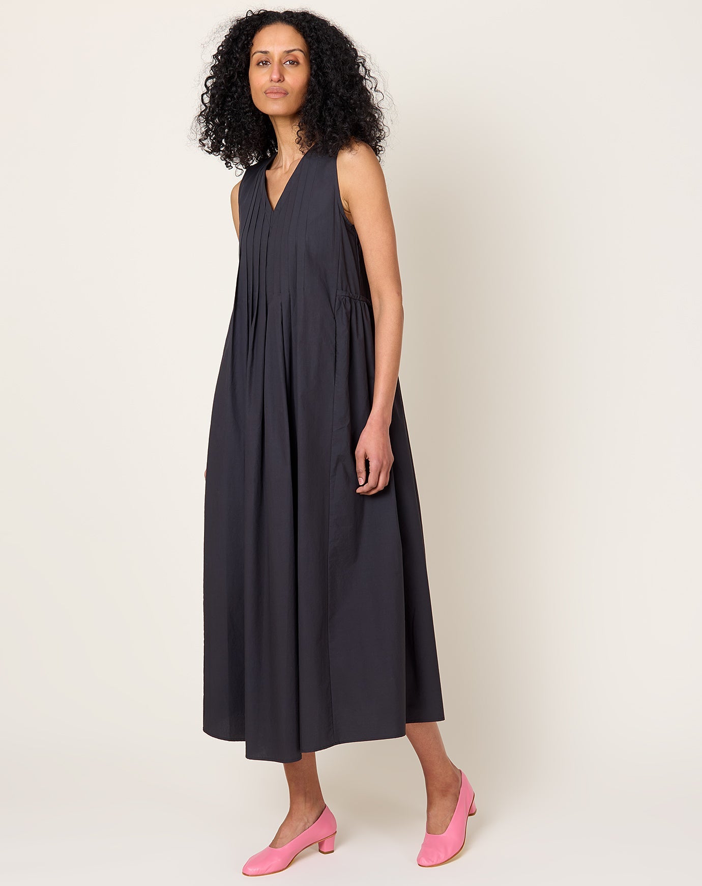 Black Crane Pleated V Neck Dress in Black