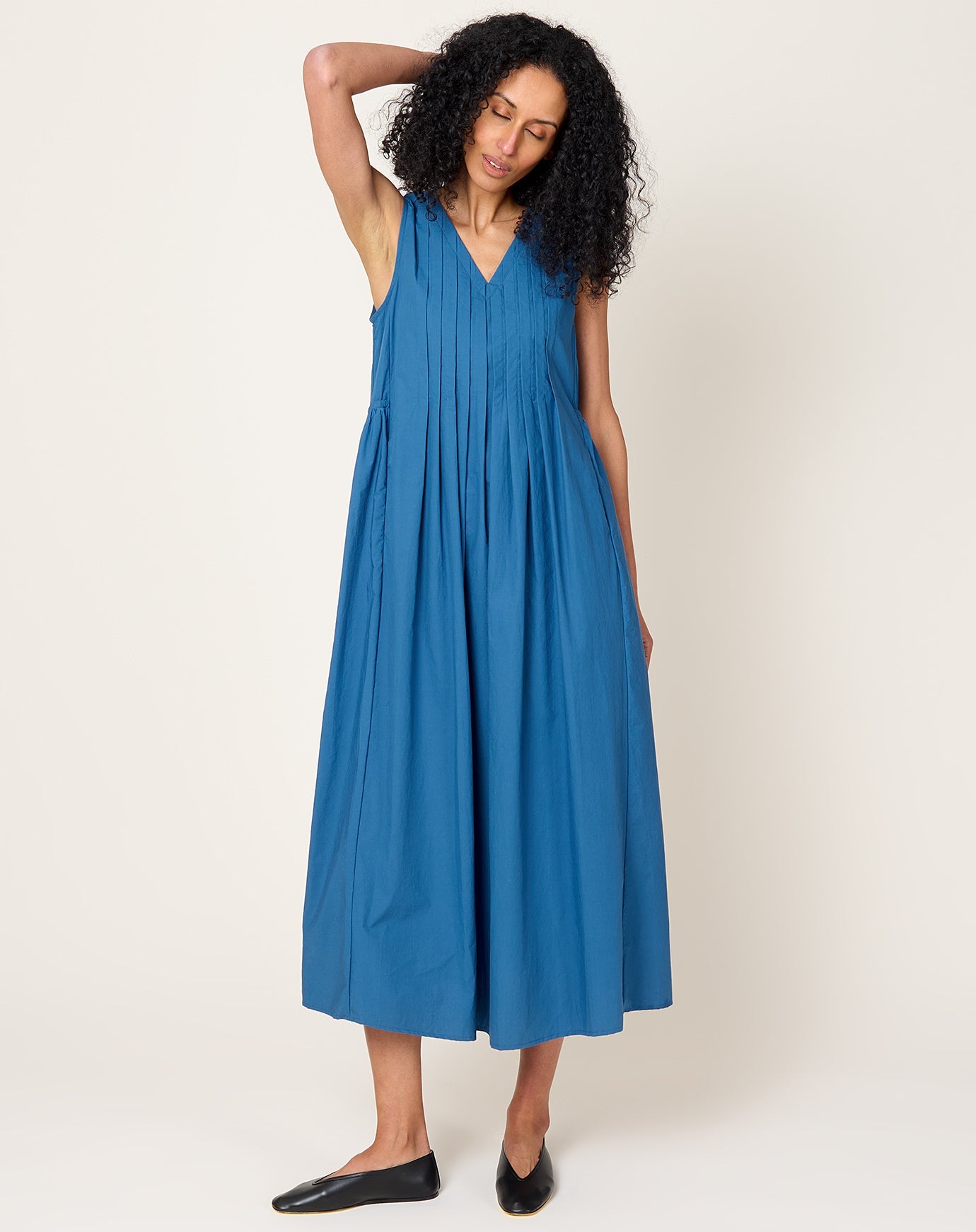 Black Crane Pleated V Neck Dress in Blue