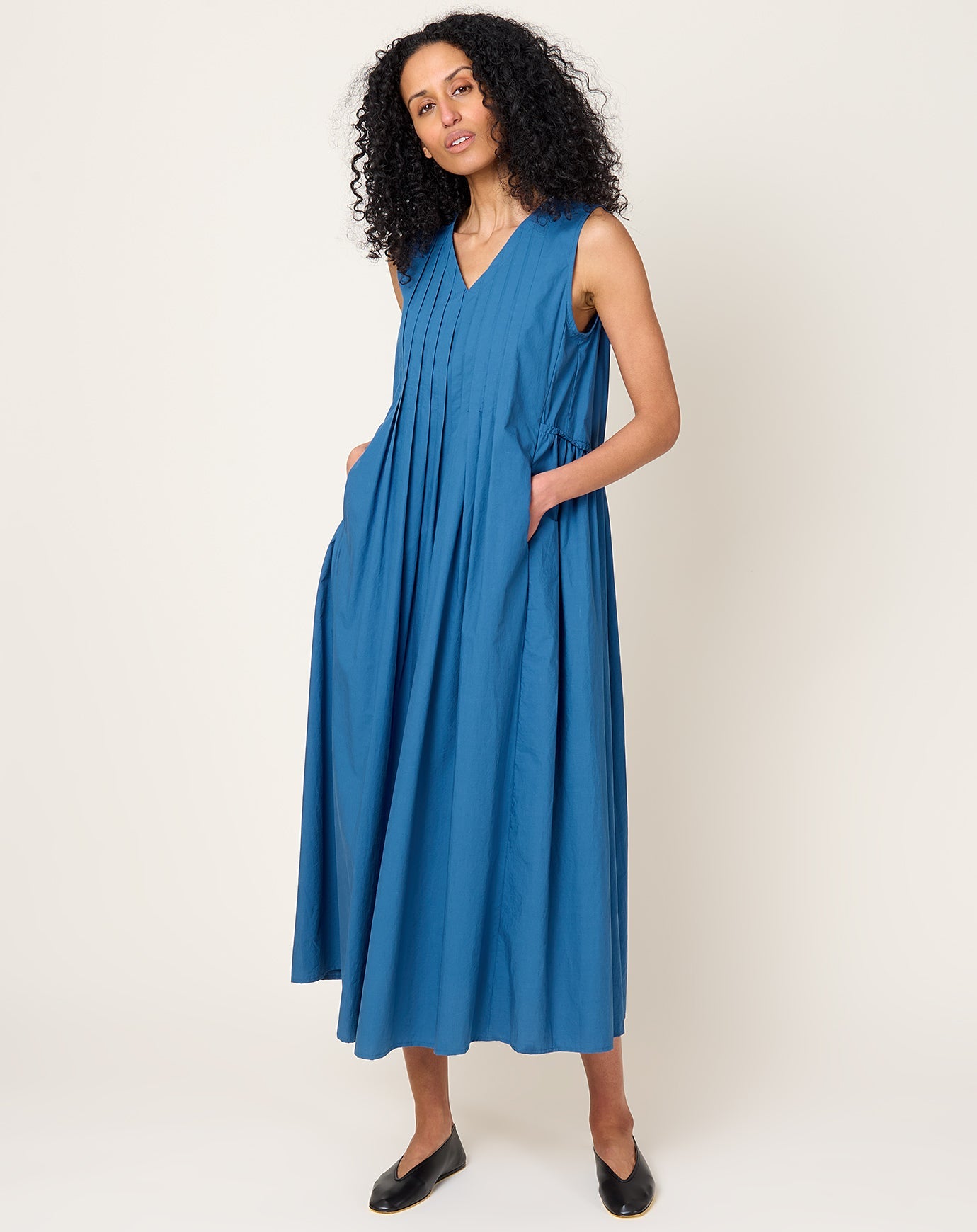 Black Crane Pleated V Neck Dress in Blue