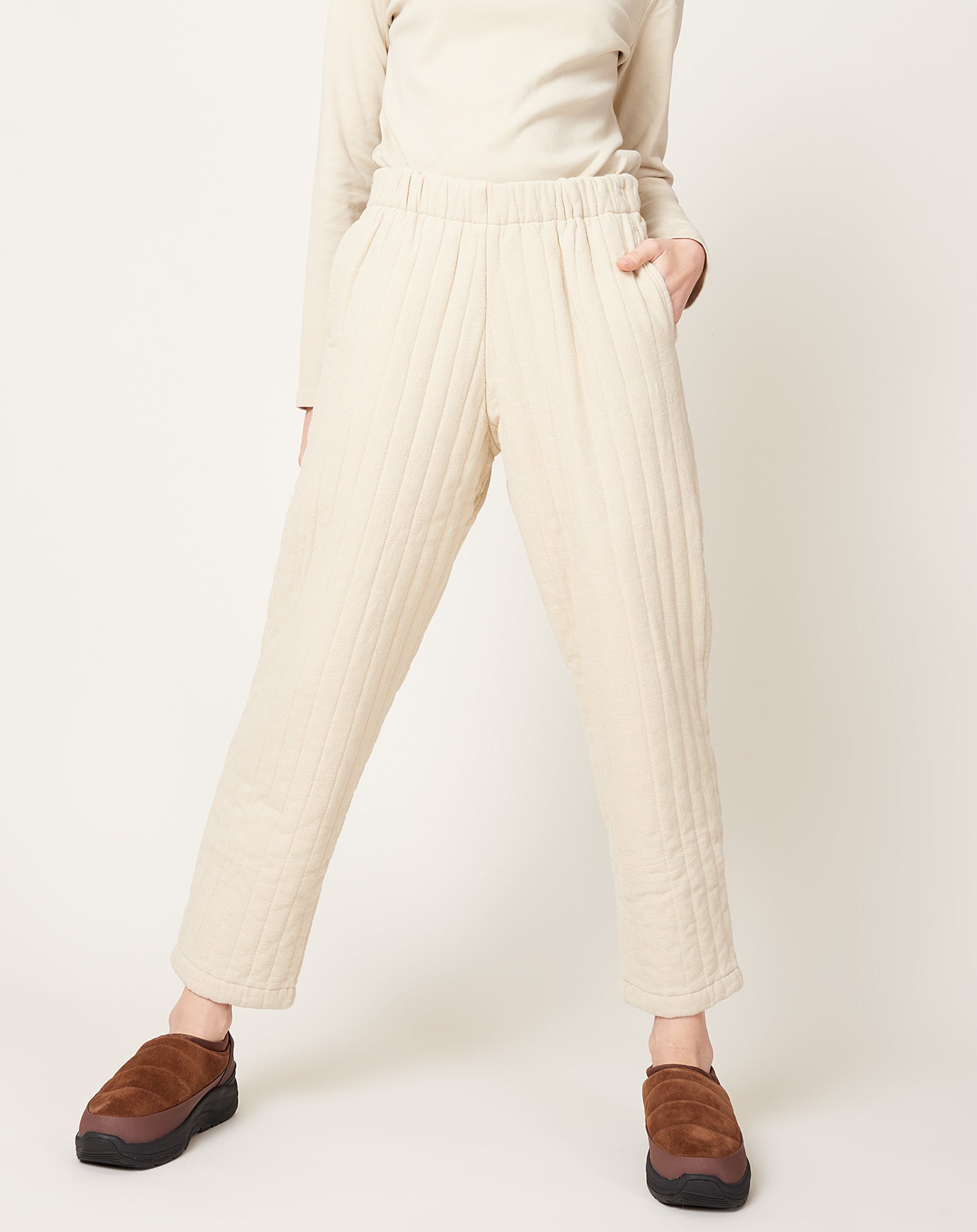 Black Crane Quilted Easy Pants in Ivory