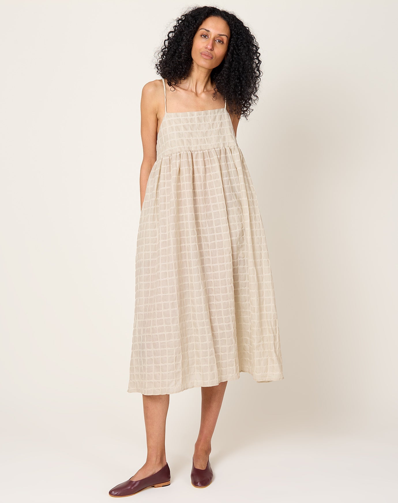 Black Crane Ripple Finish Strap Dress in Beige