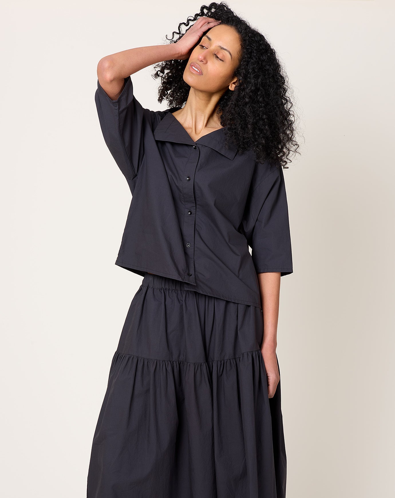 Black Crane Sailor Collar Top in Black