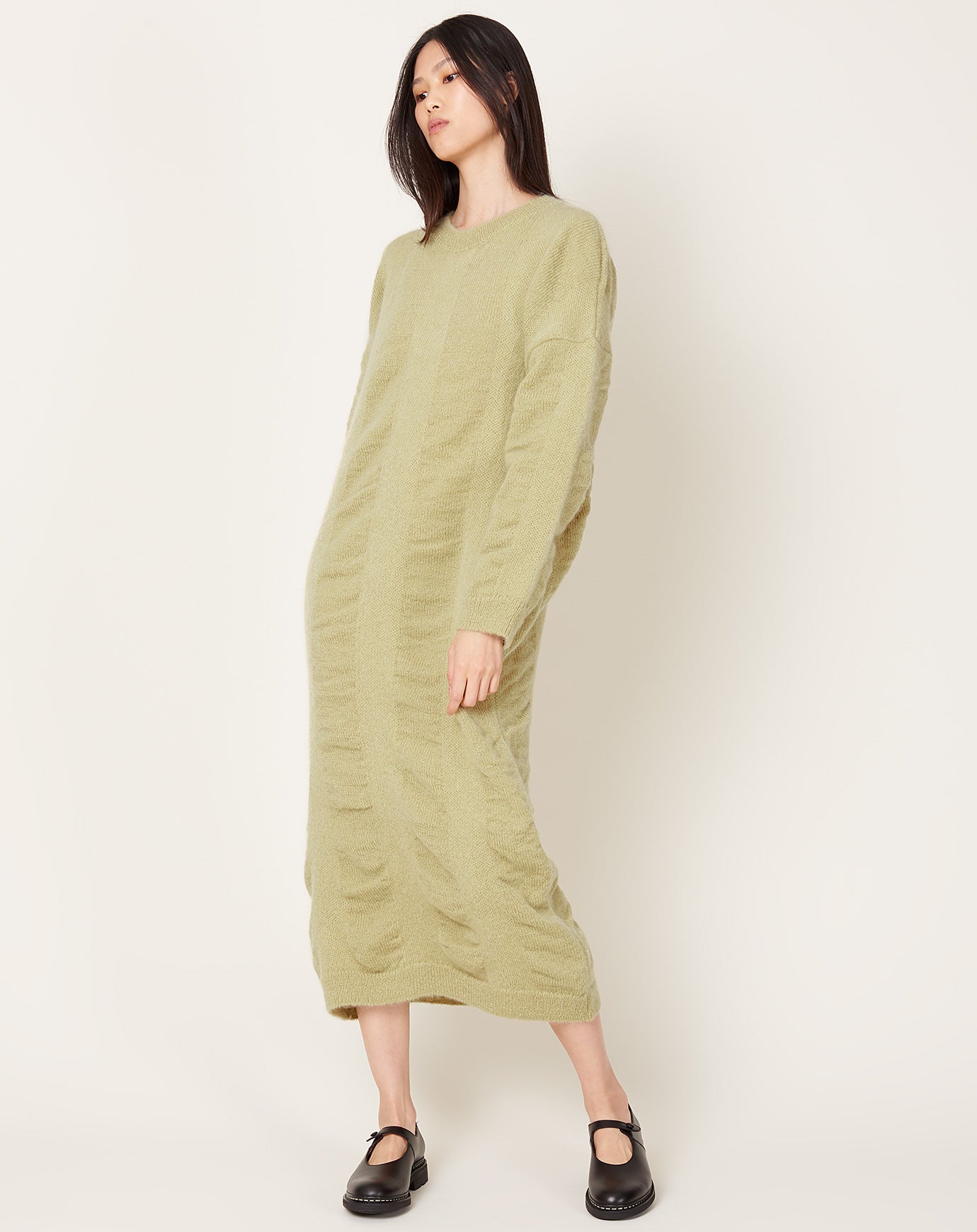 Black Crane Waterfall Knit Dress in Lime