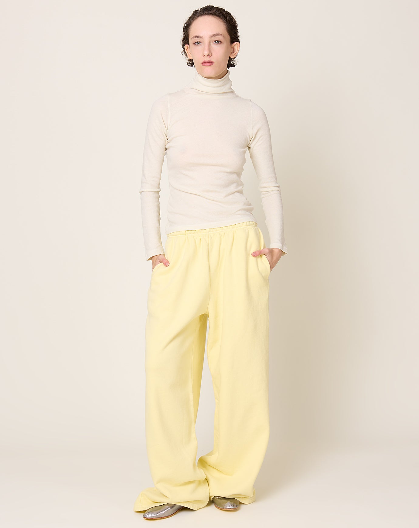 Black Crane Wide Long Sweatpants in Custard