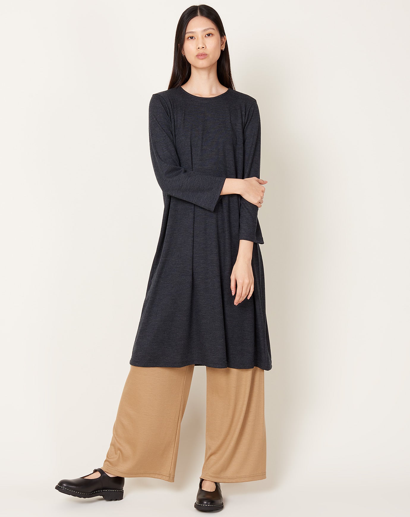 Black Crane Wool Basic Crew Dress in Dark Grey