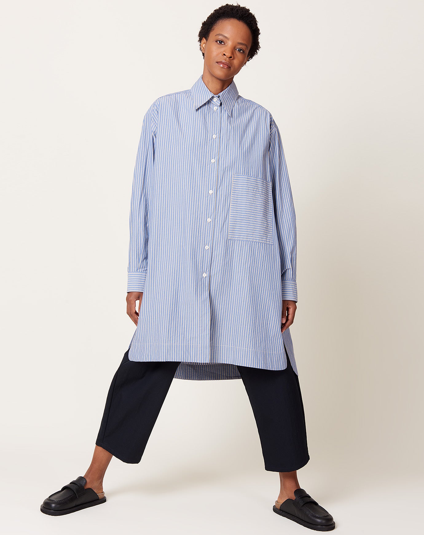 Cawley Japanese Stripe Shirting Big Shirt in Blue & Natural