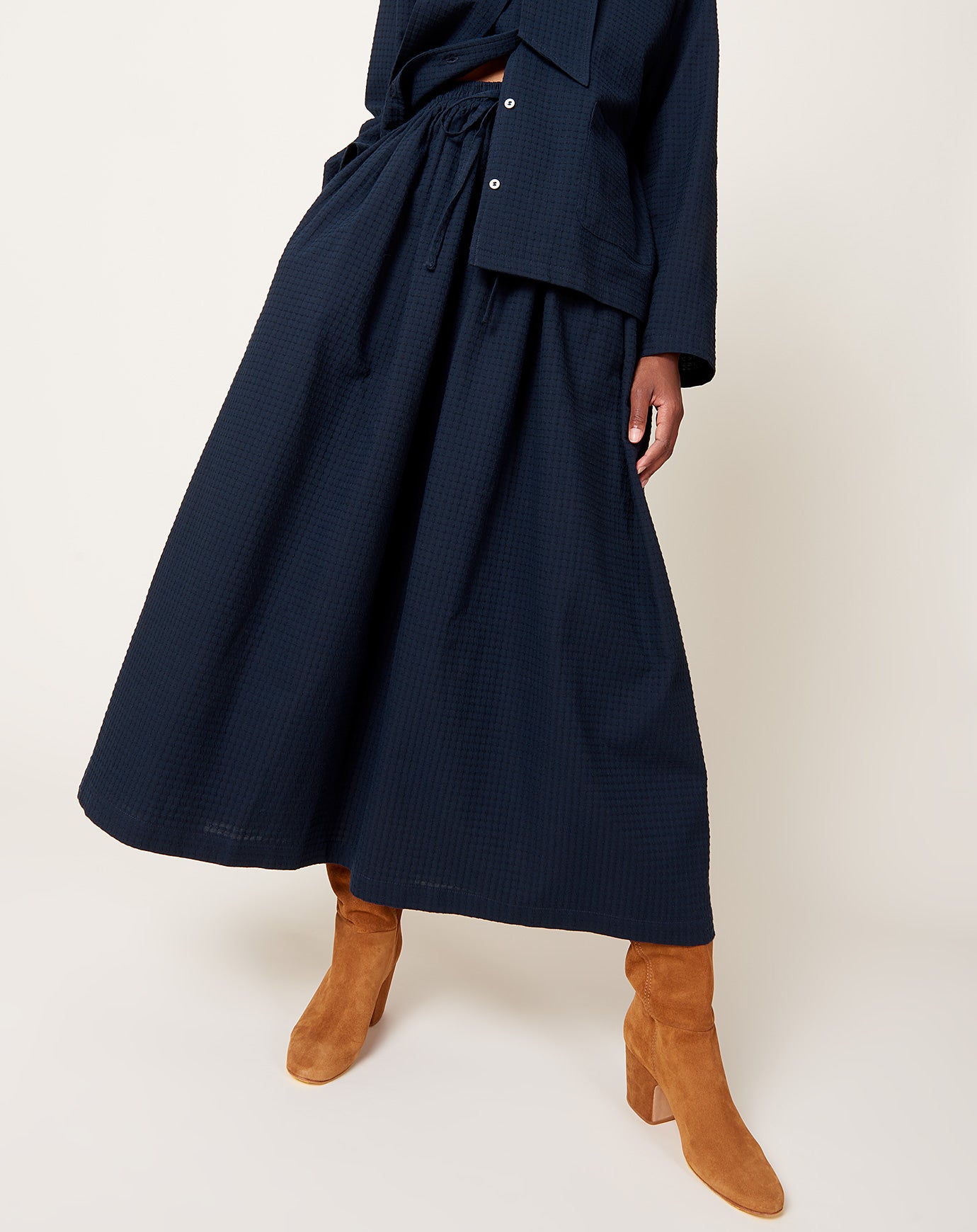 Cawley Japanese Waffle Drawstring Amy Skirt in Dark Navy