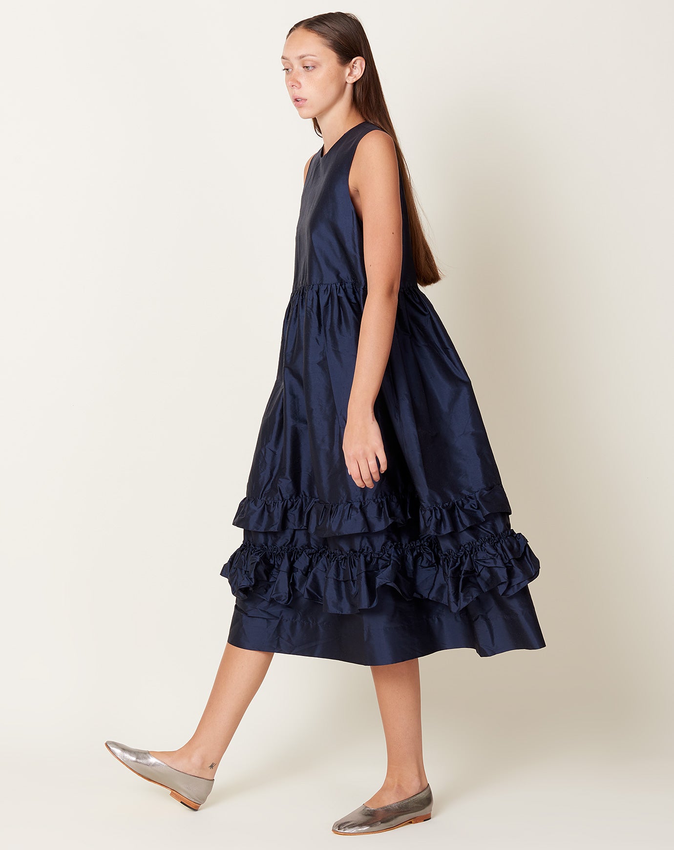 Cawley Silk Doupion Genevieve Dress in Ink