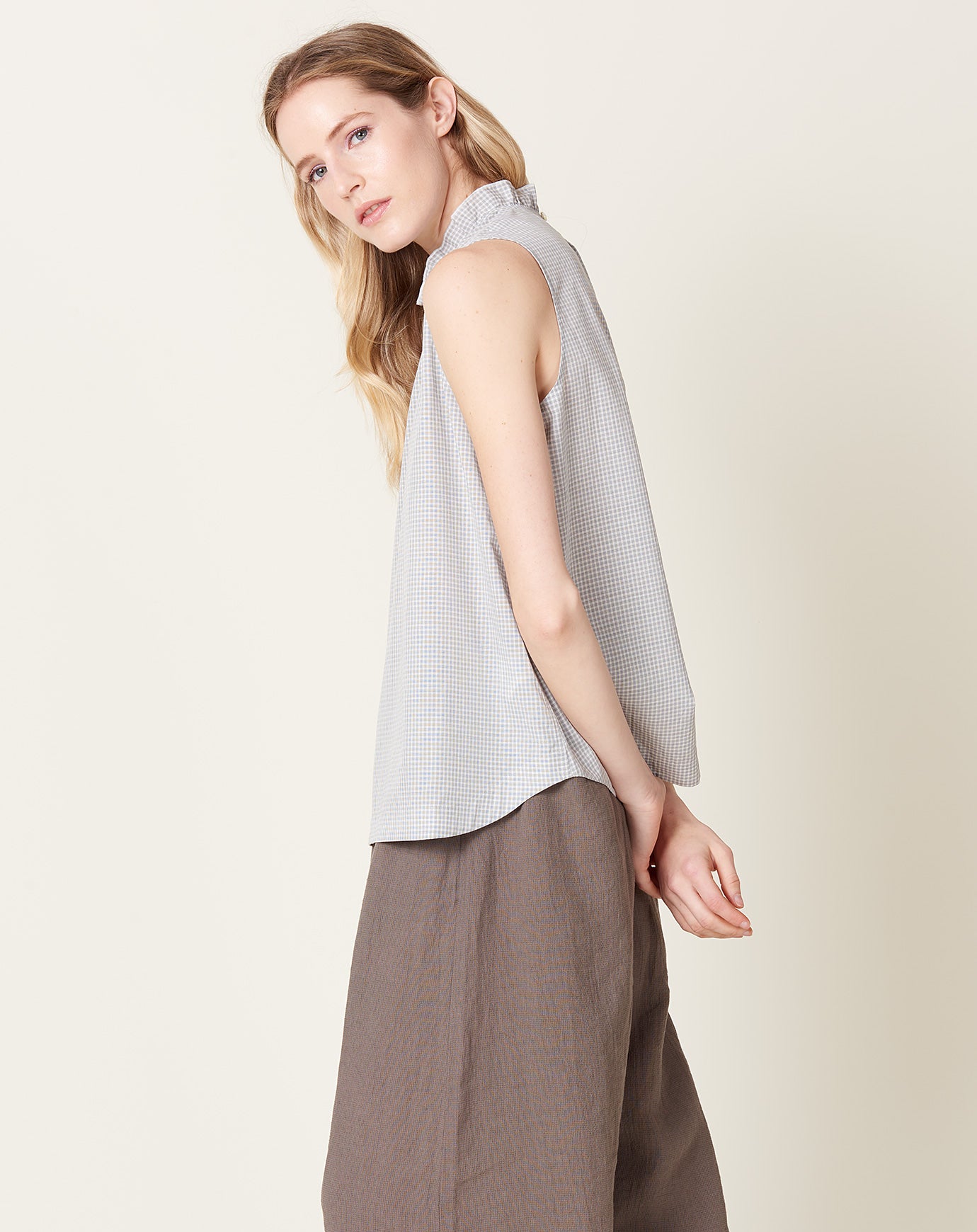 Frill Collar Sleeveless Shirt in Grey Check