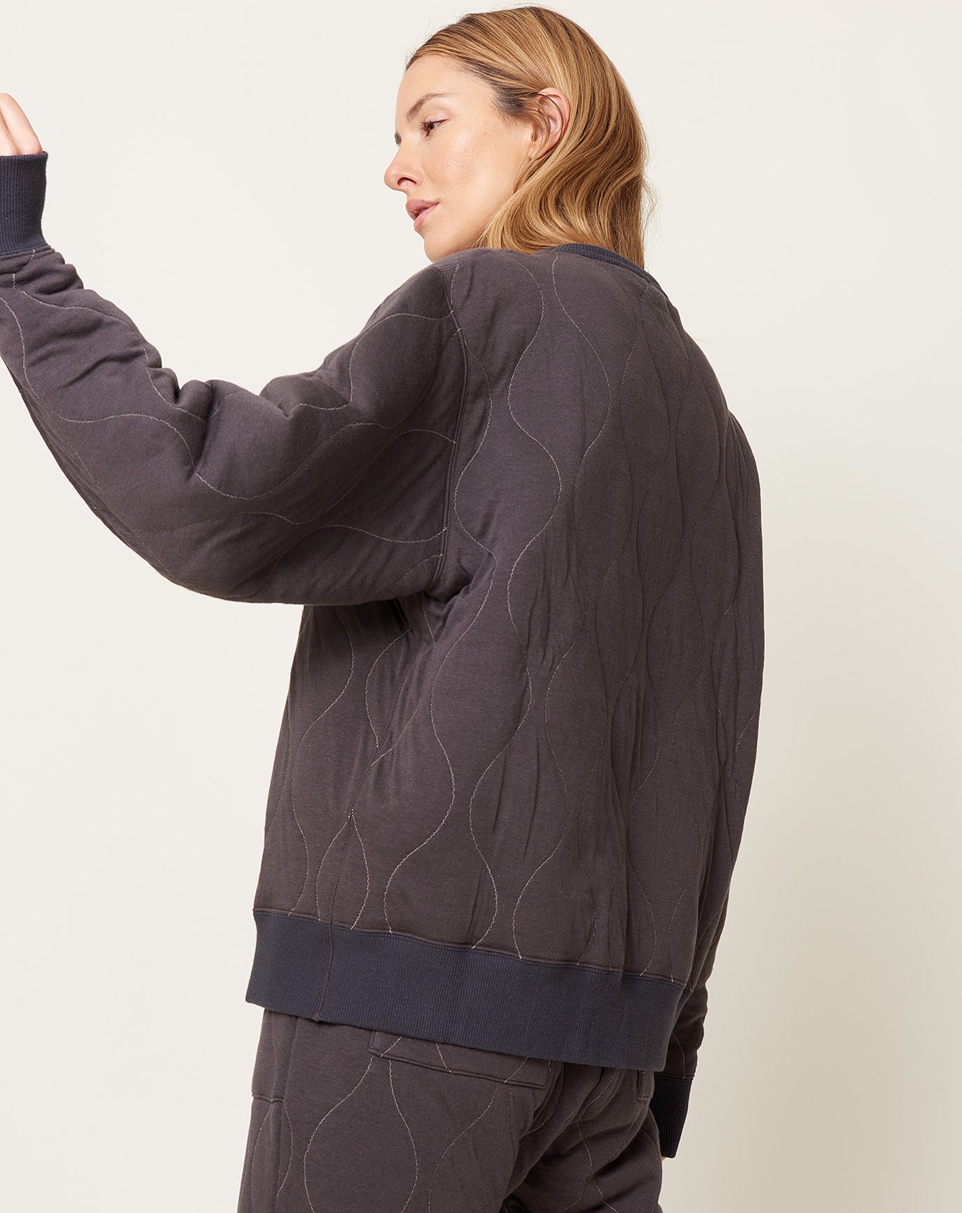 Quilted Military Crew Top in Charcoal | Chimala | Covet +