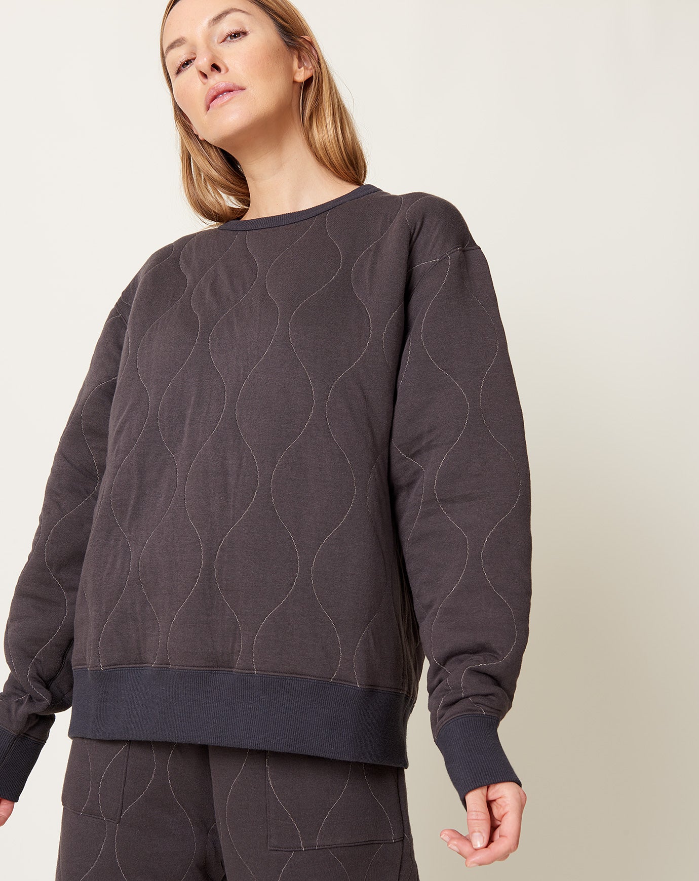 Quilted Military Crew Top in Charcoal | Chimala | Covet +