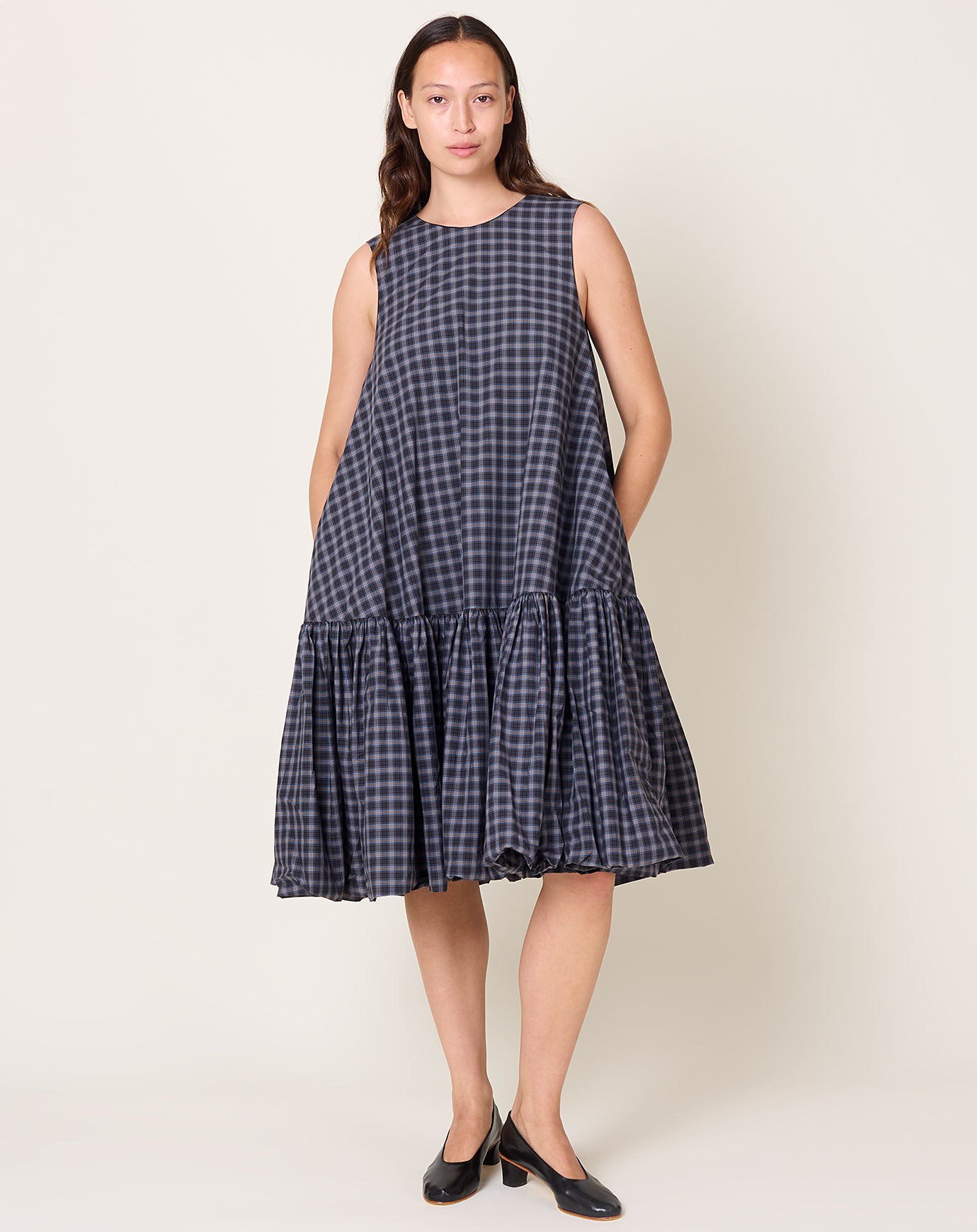 Cordera Checked Balloon Dress in Navy & Orange