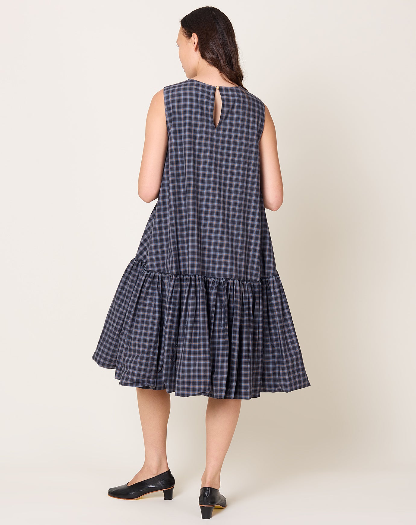 Cordera Checked Balloon Dress in Navy & Orange