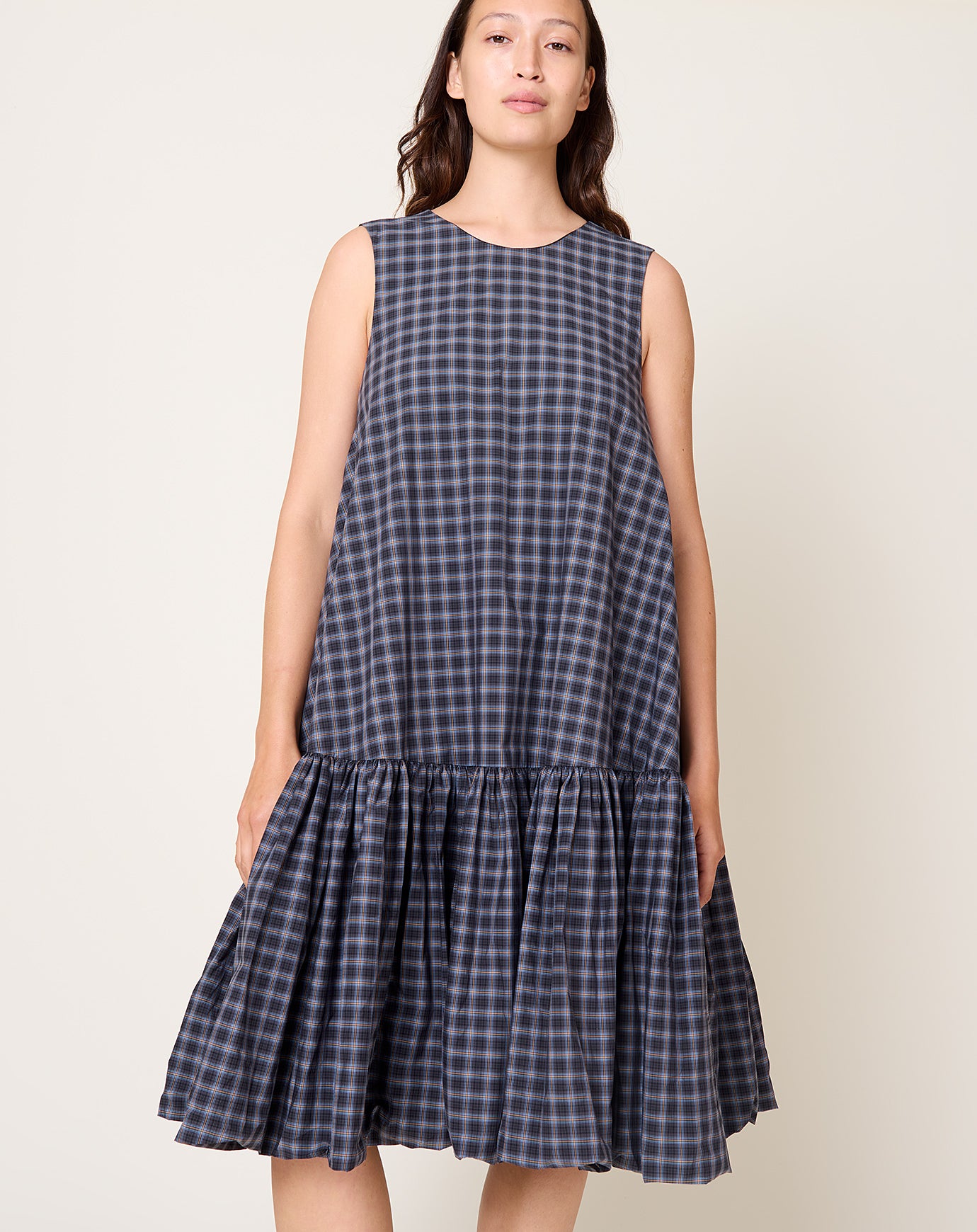 Cordera Checked Balloon Dress in Navy & Orange