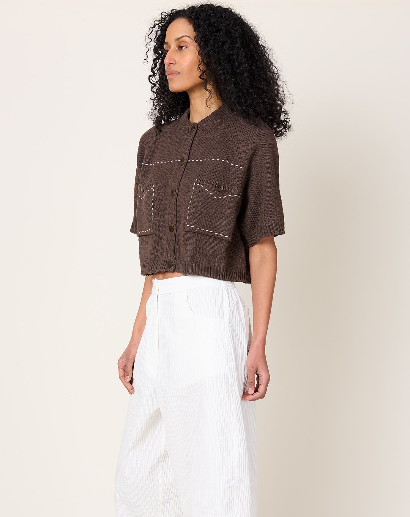 Cordera Cotton Stitched Top in Brown