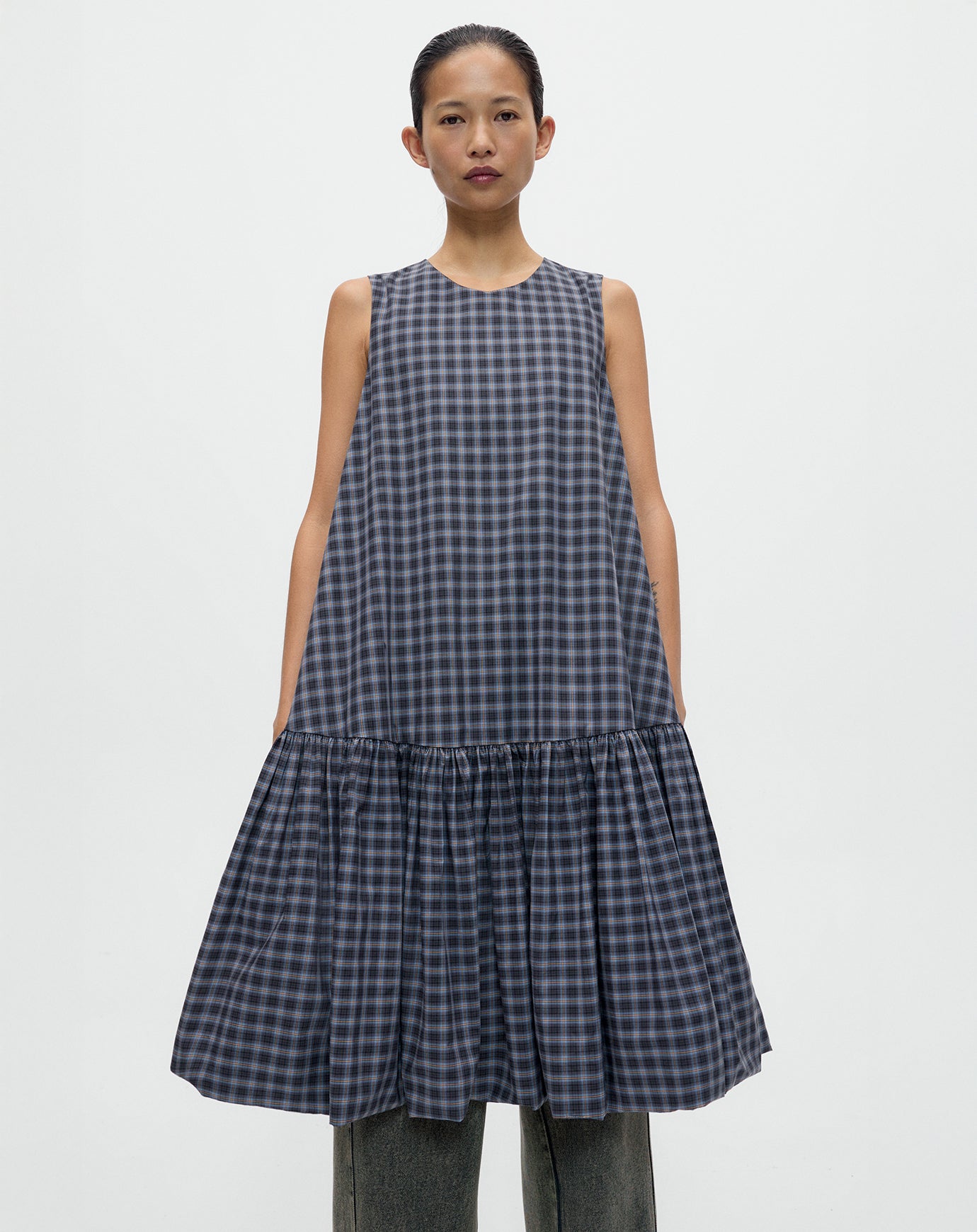 Cordera Checked Balloon Dress in Navy & Orange