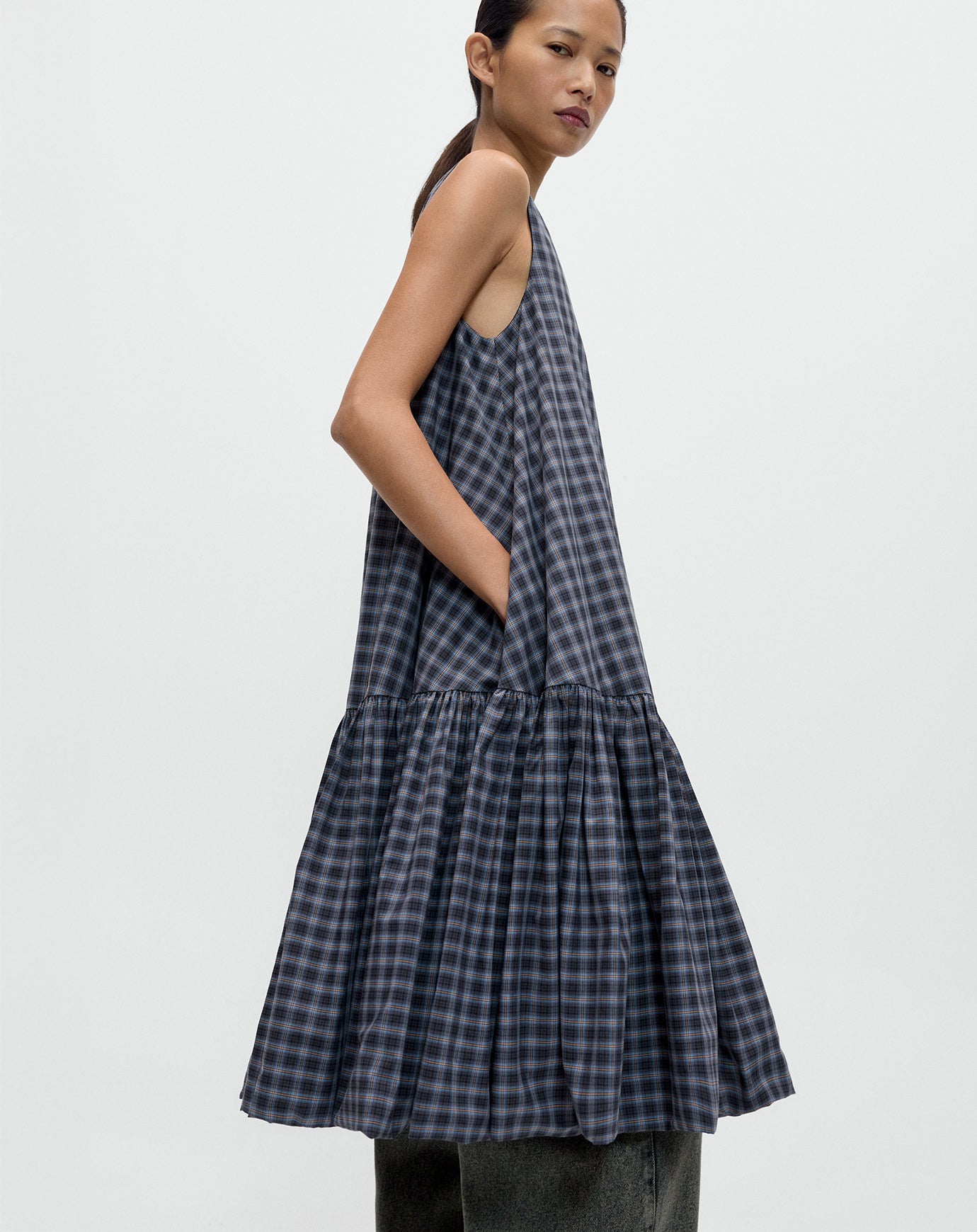 Cordera Checked Balloon Dress in Navy & Orange